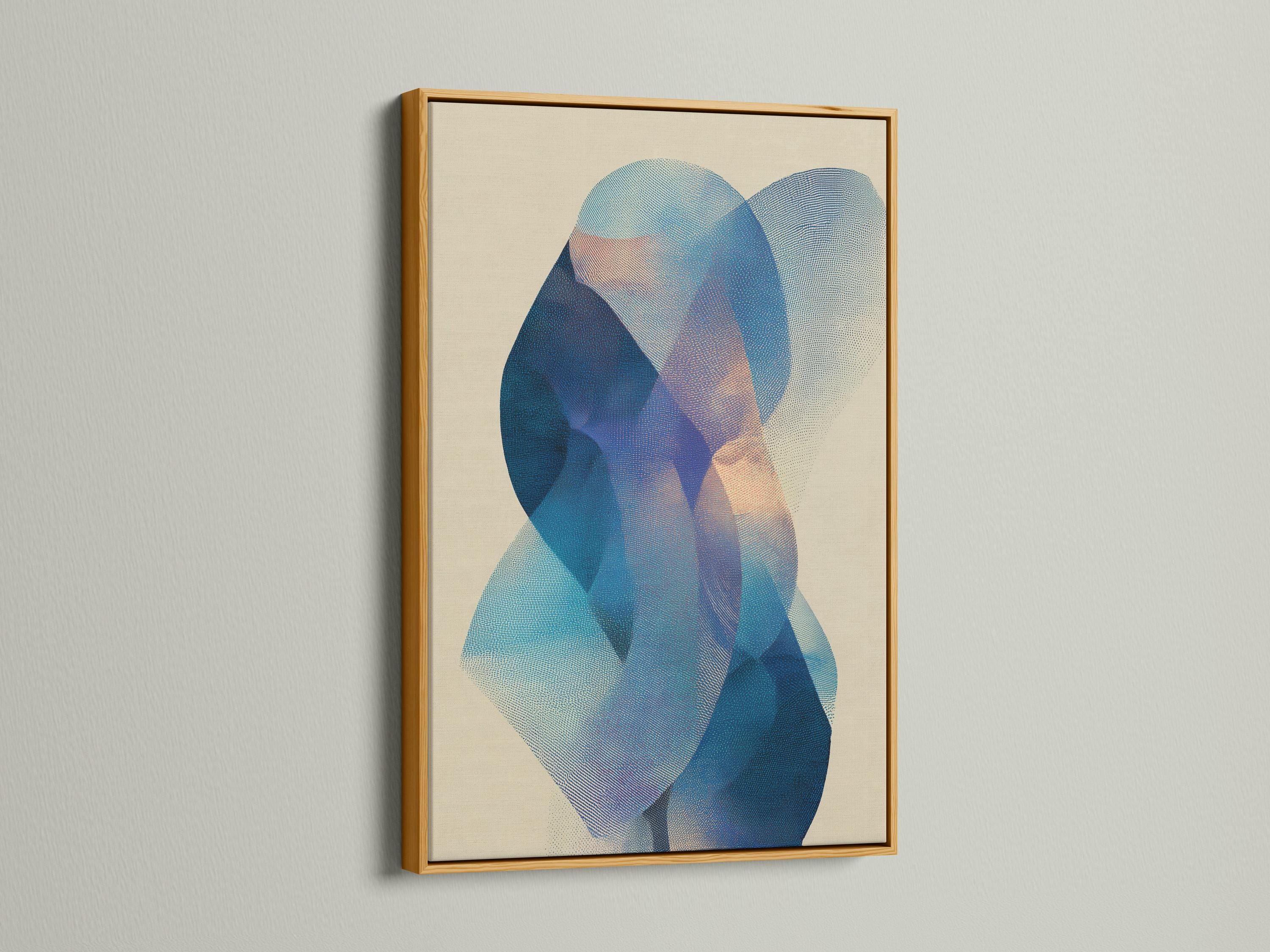 Abstract beige artwork with layered blue and teal circular shapes and a stippled texture detail view