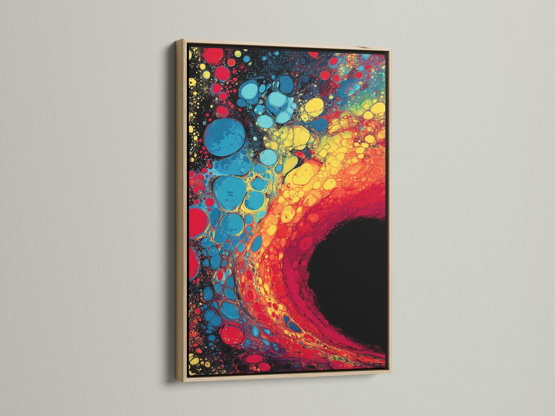Fluid abstract artwork with red, blue and yellow bubble-like circles on a dark background detail view