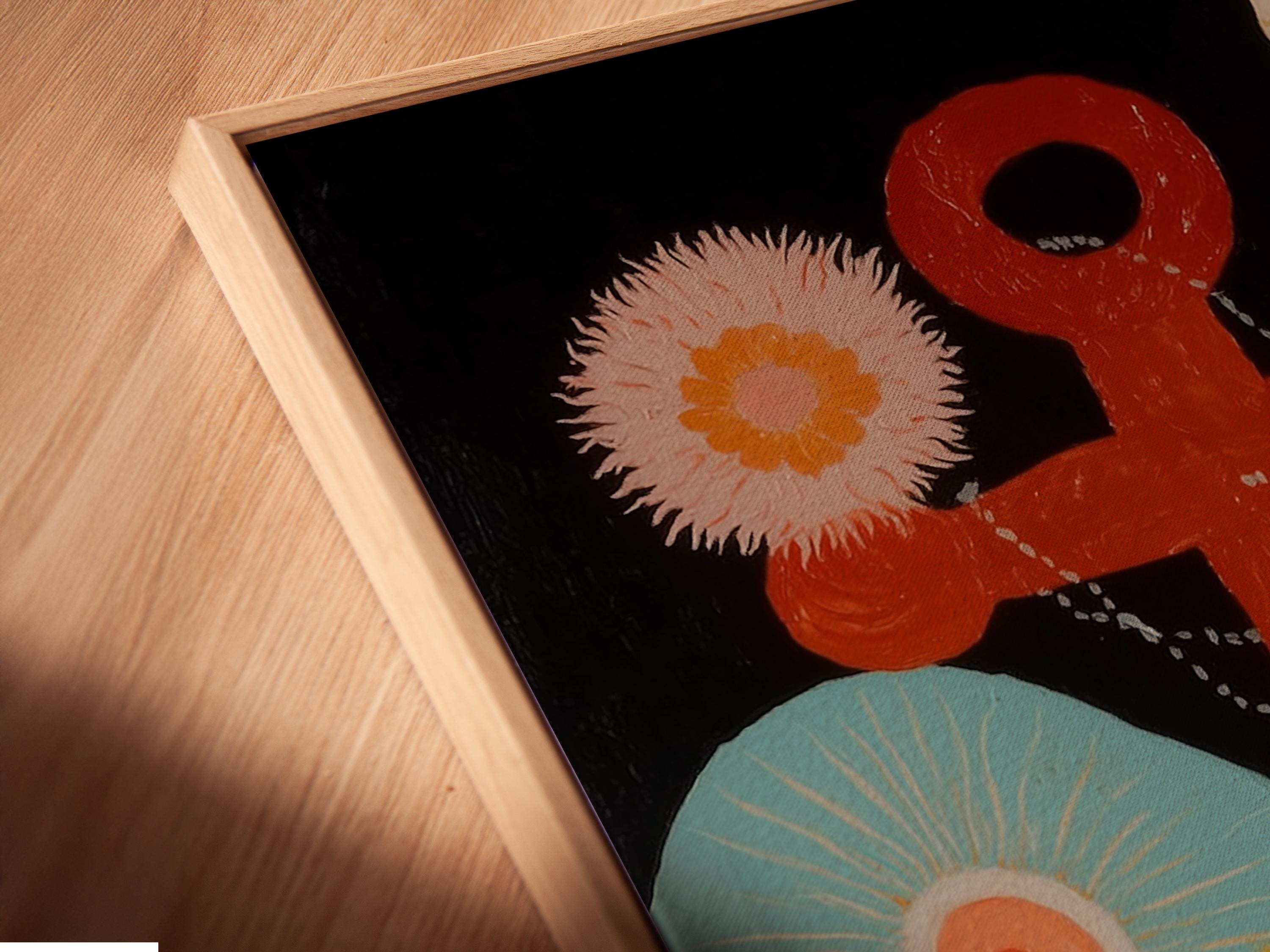 A stylised nautical anchor motif is set over dark background clouds, with coral, teal, pink, and gold tones and layered flower-like bursts around the