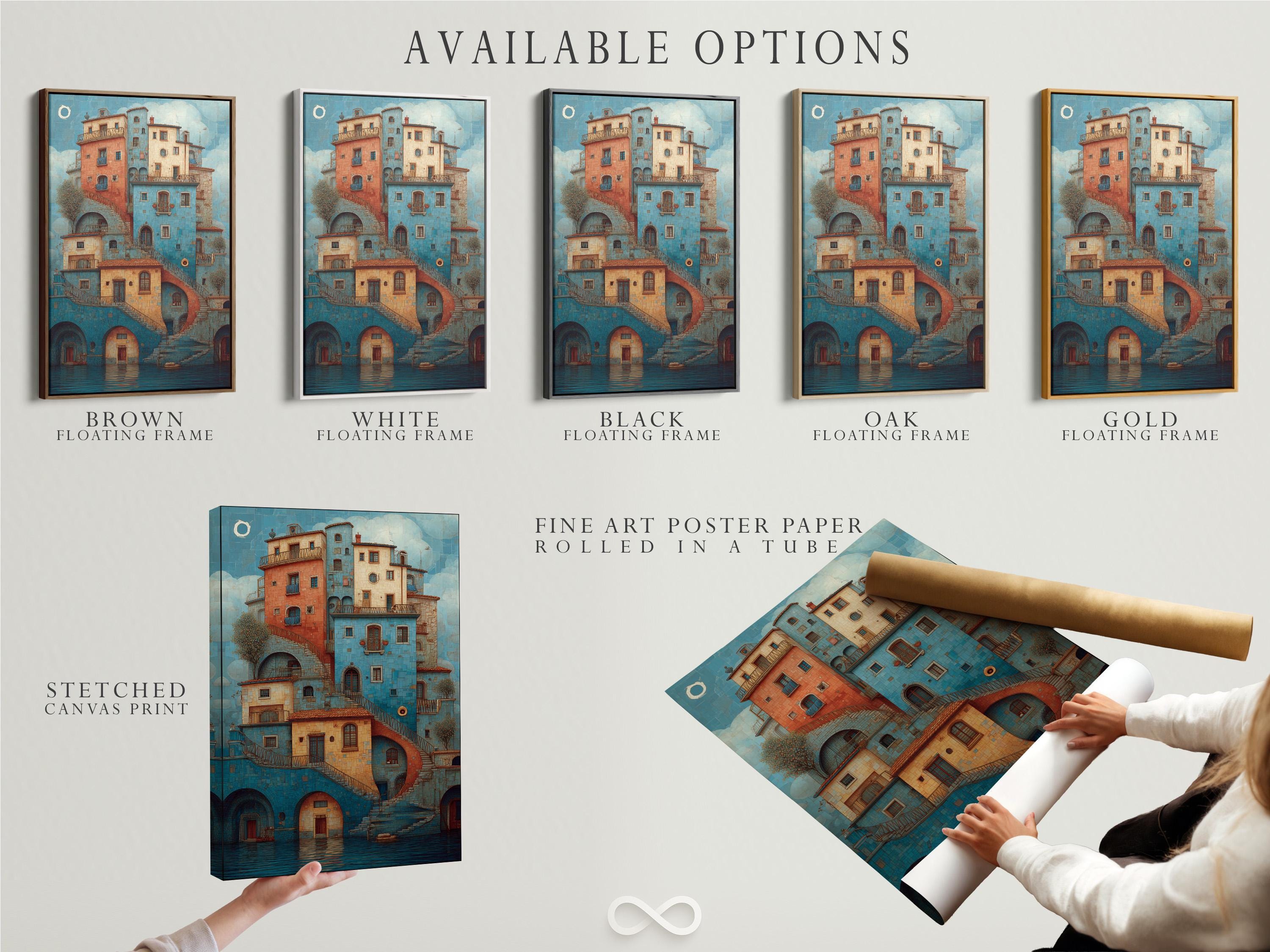 Turquoise and coral Mediterranean cityscape with arched windows, balconies, staircases and reflective water detail view