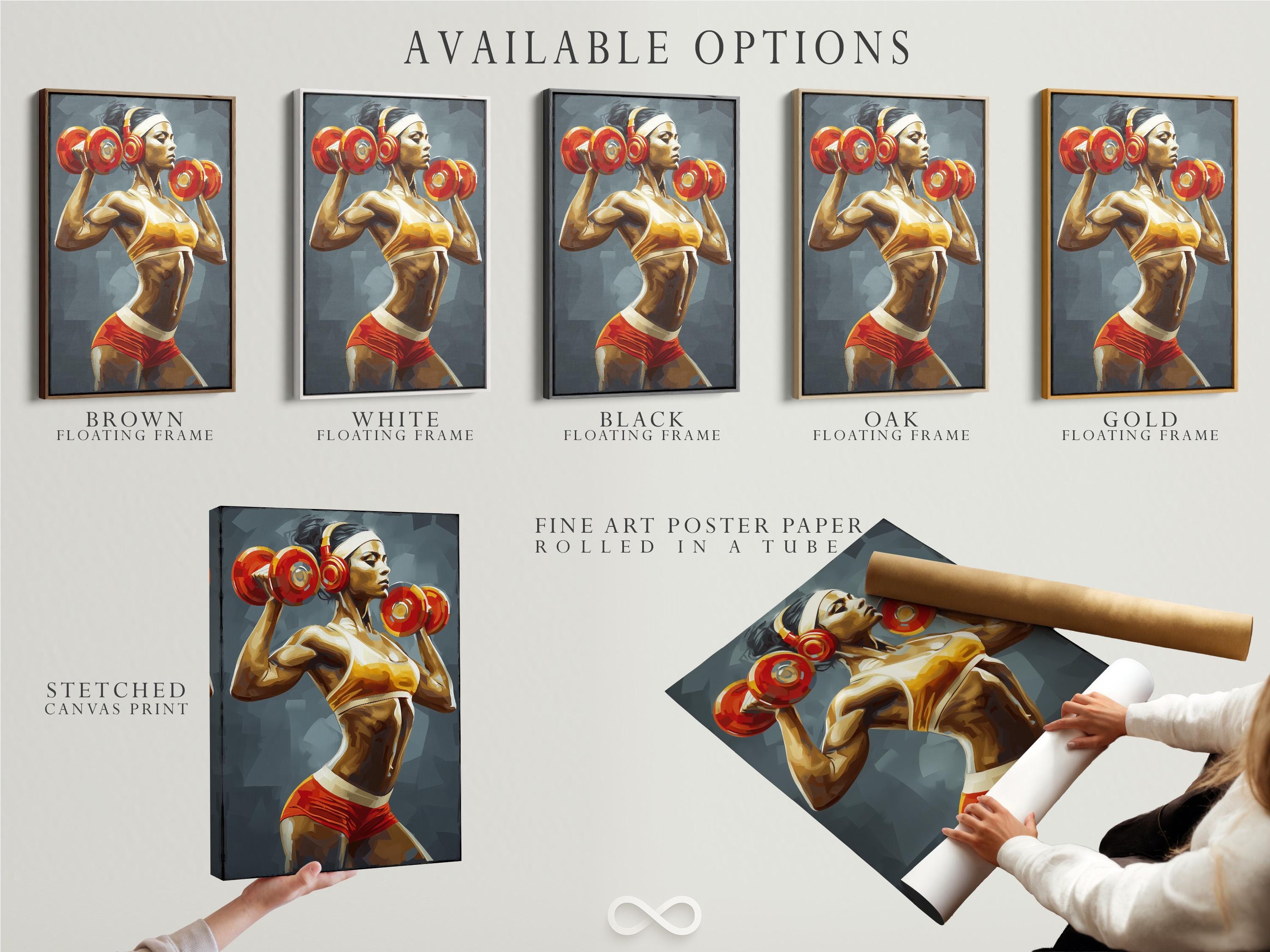 Stylised strong woman weightlifting artwork holding two red dumbbells against a blue background detail view