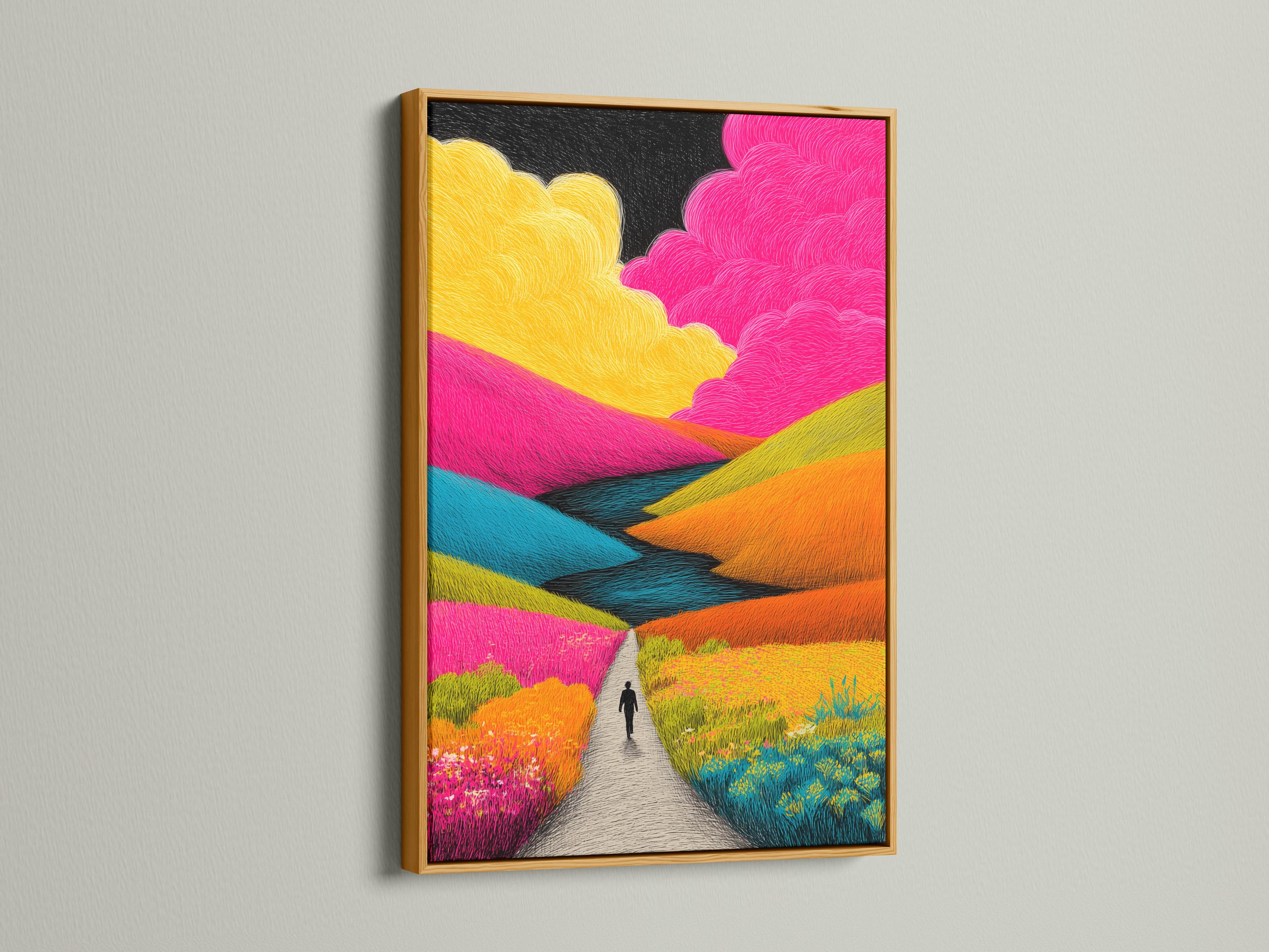 Vibrant abstract landscape with a winding path, layered pink and yellow fields, and cloud shapes under a dark sky detail view