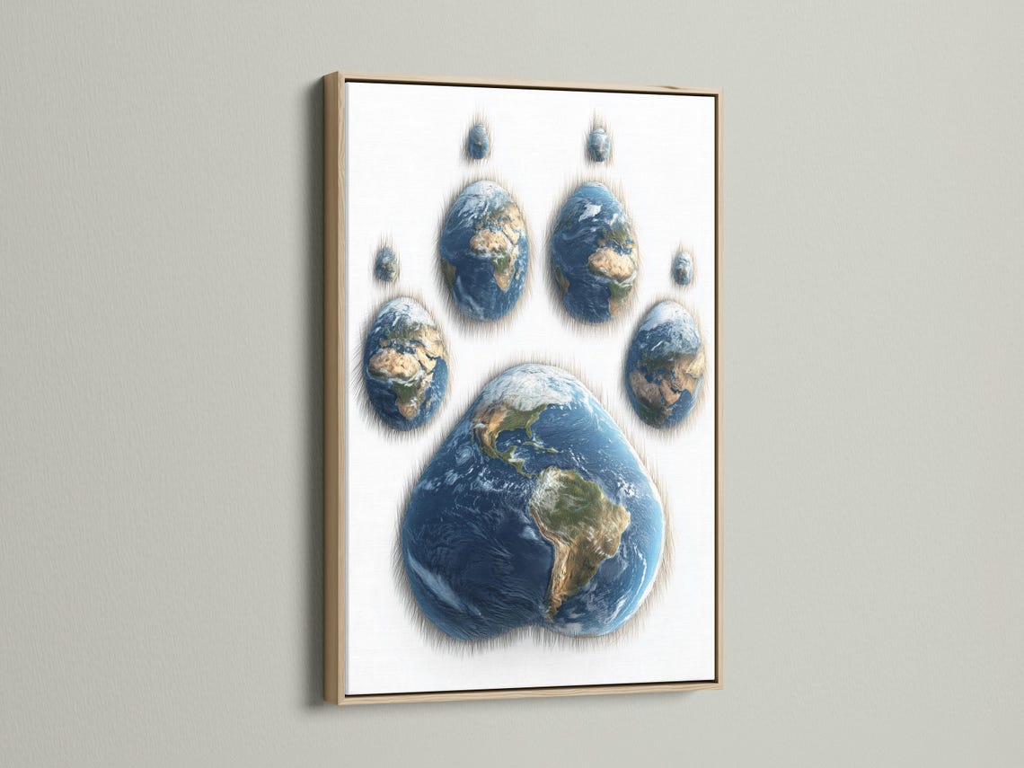 Globe Earth paw print with deep blue oceans and green and beige landmasses on a light background detail view
