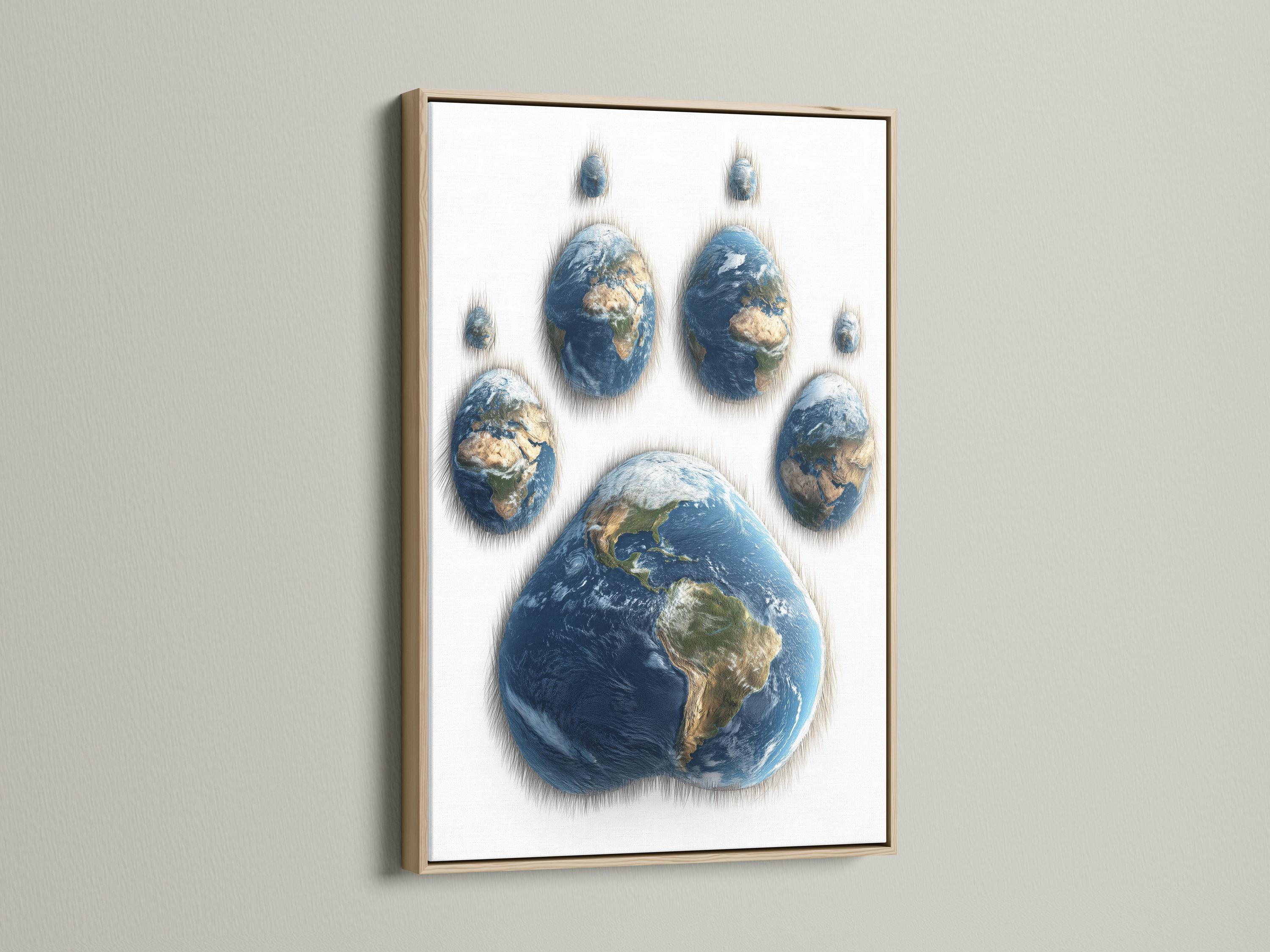 Globe Earth paw print with deep blue oceans and green and beige landmasses on a light background detail view