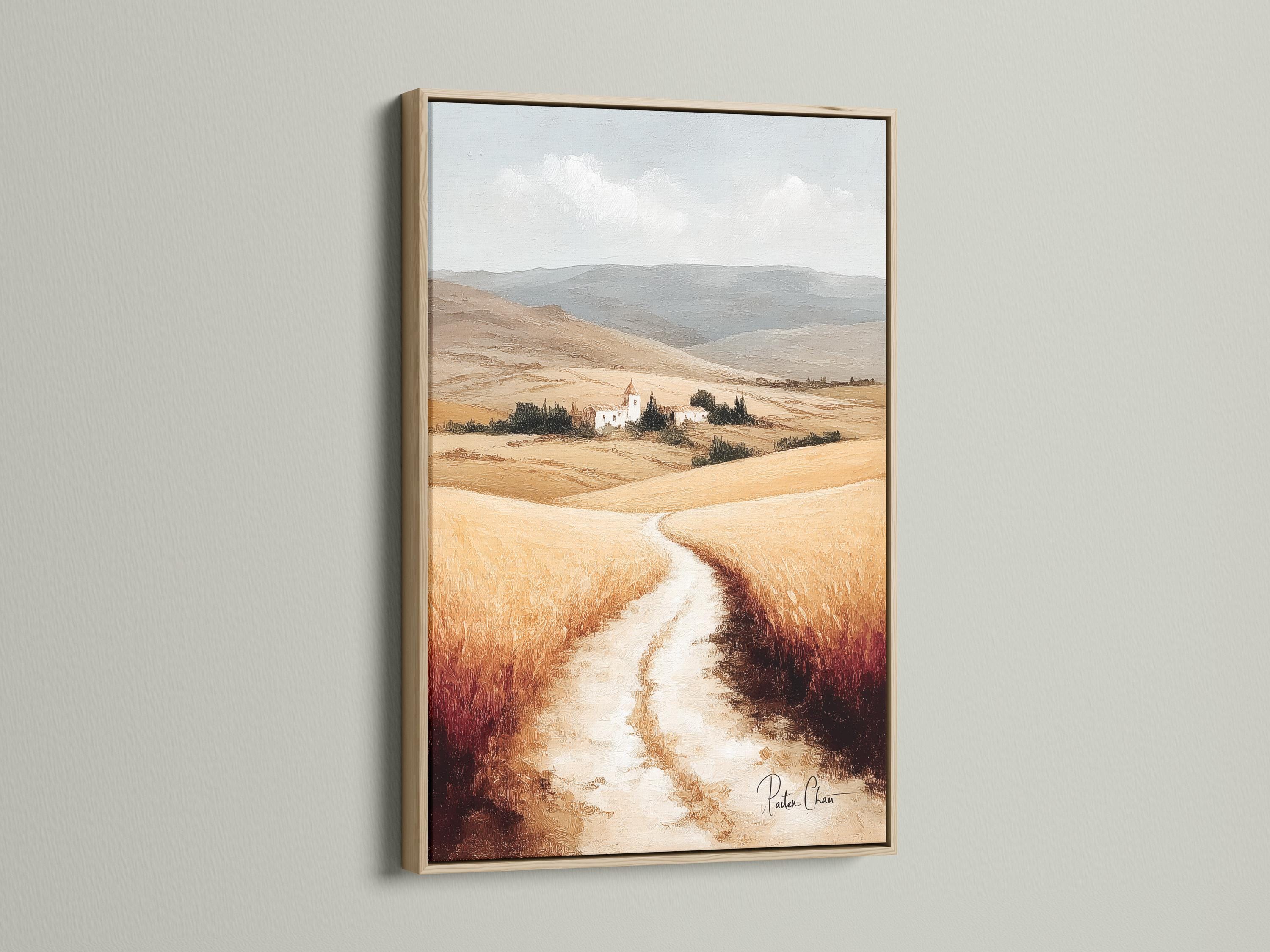 Painterly countryside landscape with a winding path, rolling hills and a small farmhouse with a bell tower detail view