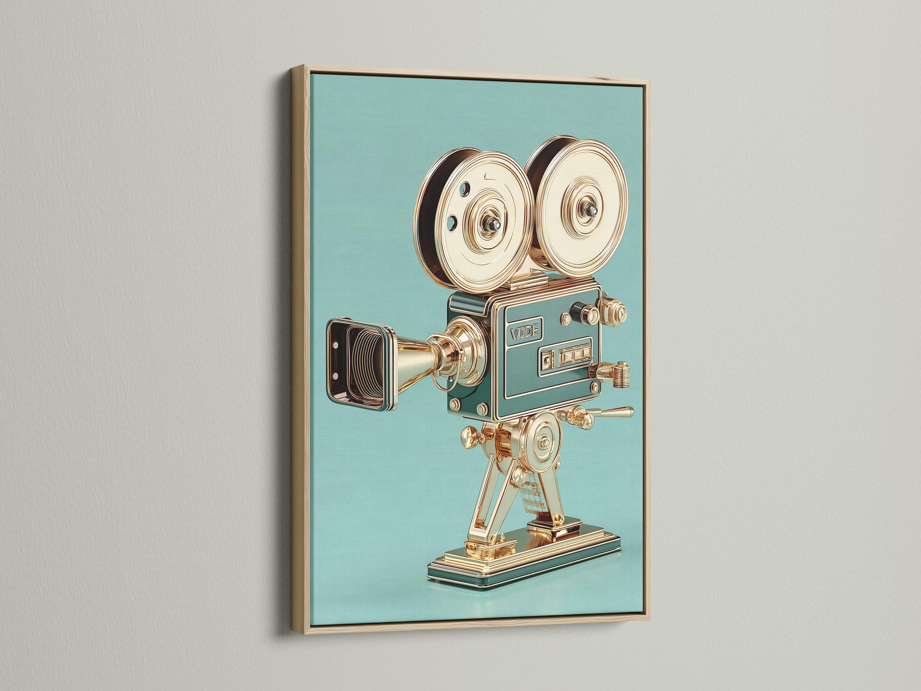 Woman standing beside a framed vintage film camera illustration on a teal background