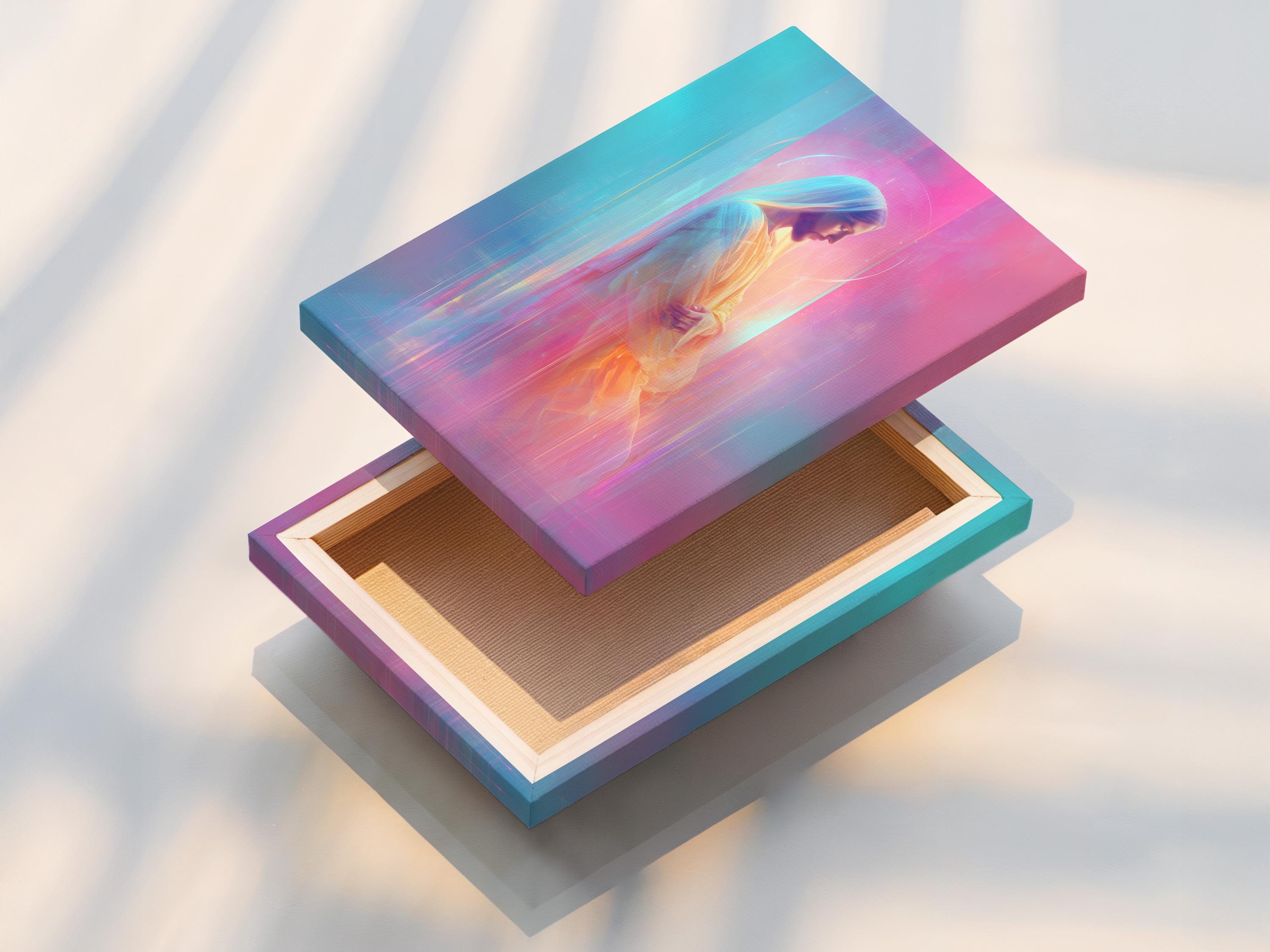 Stylised Jesus Christ portrait in profile with a glowing halo, pink and aqua background detail view