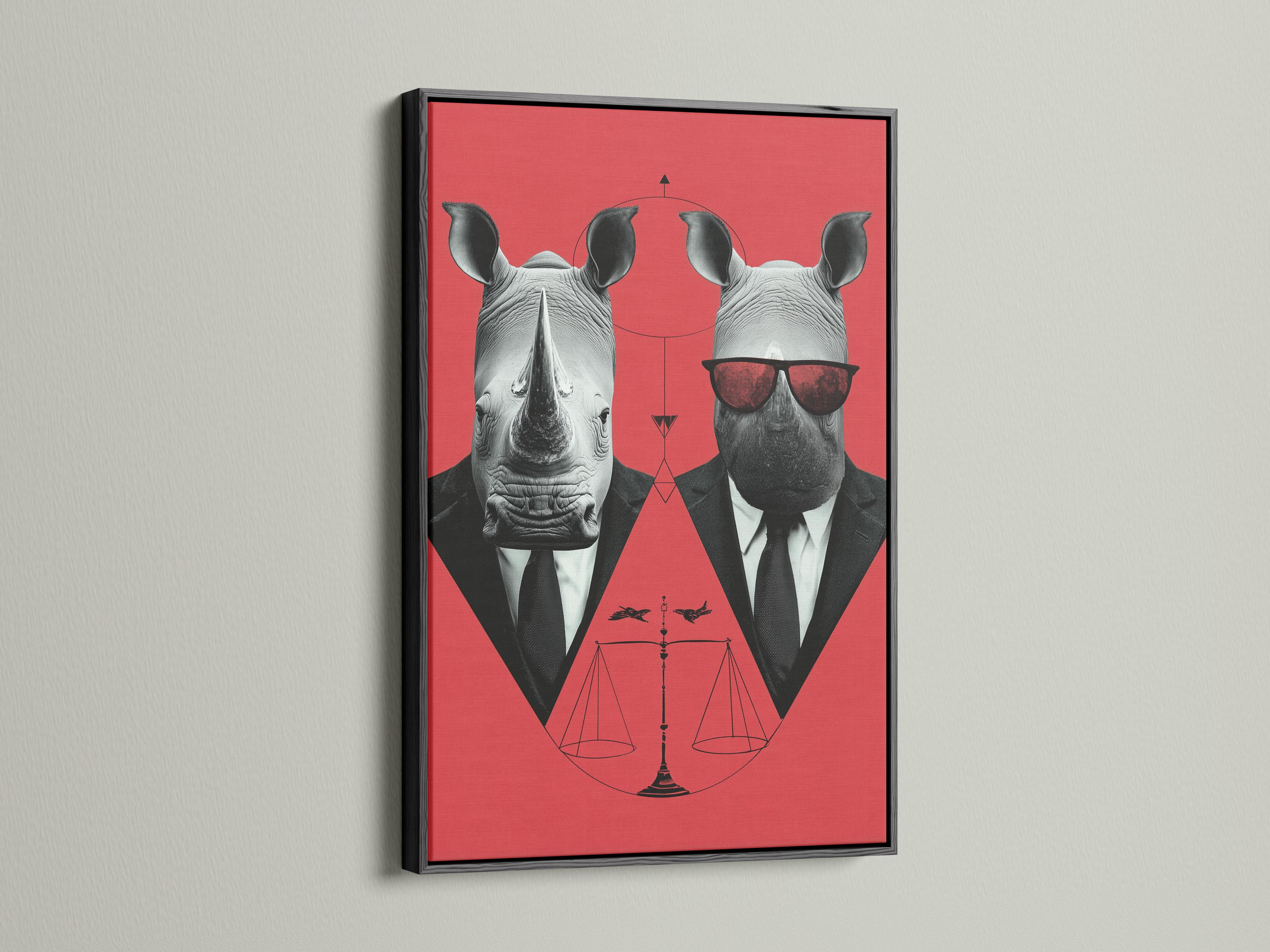 A stylised rhino duo in suits wears red sunglasses against a coral backdrop, with a red hourglass-like symbol and thin geometric lines below detail
