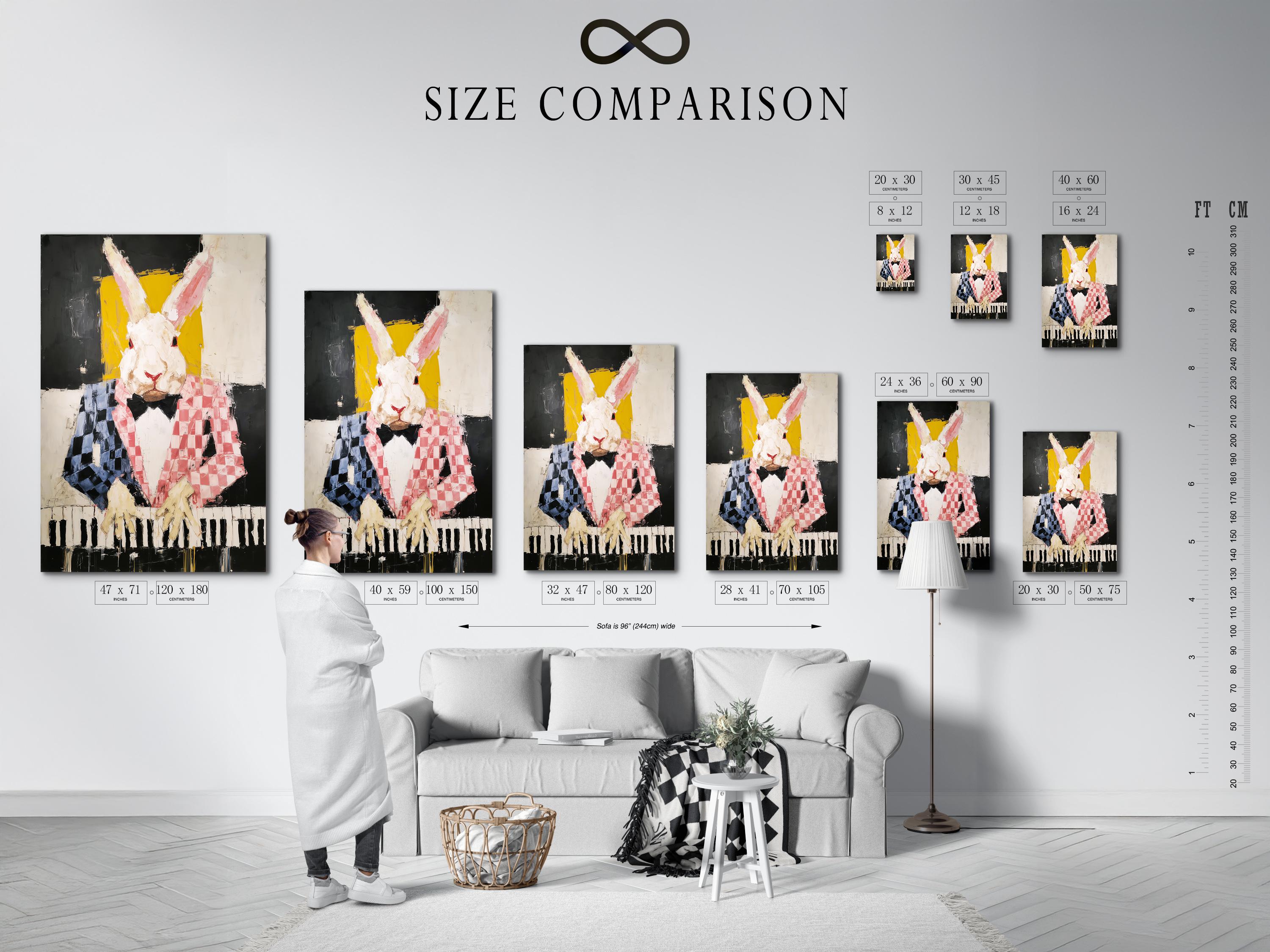 Stylised rabbit playing piano artwork with black, yellow and pink colours detail view