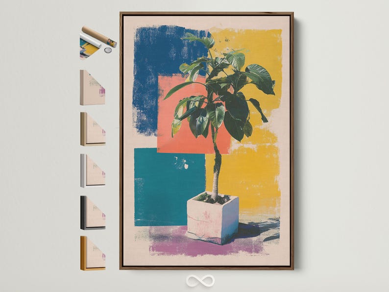 Stylised potted plant with dark green leaves over teal, coral and yellow pop-art blocks