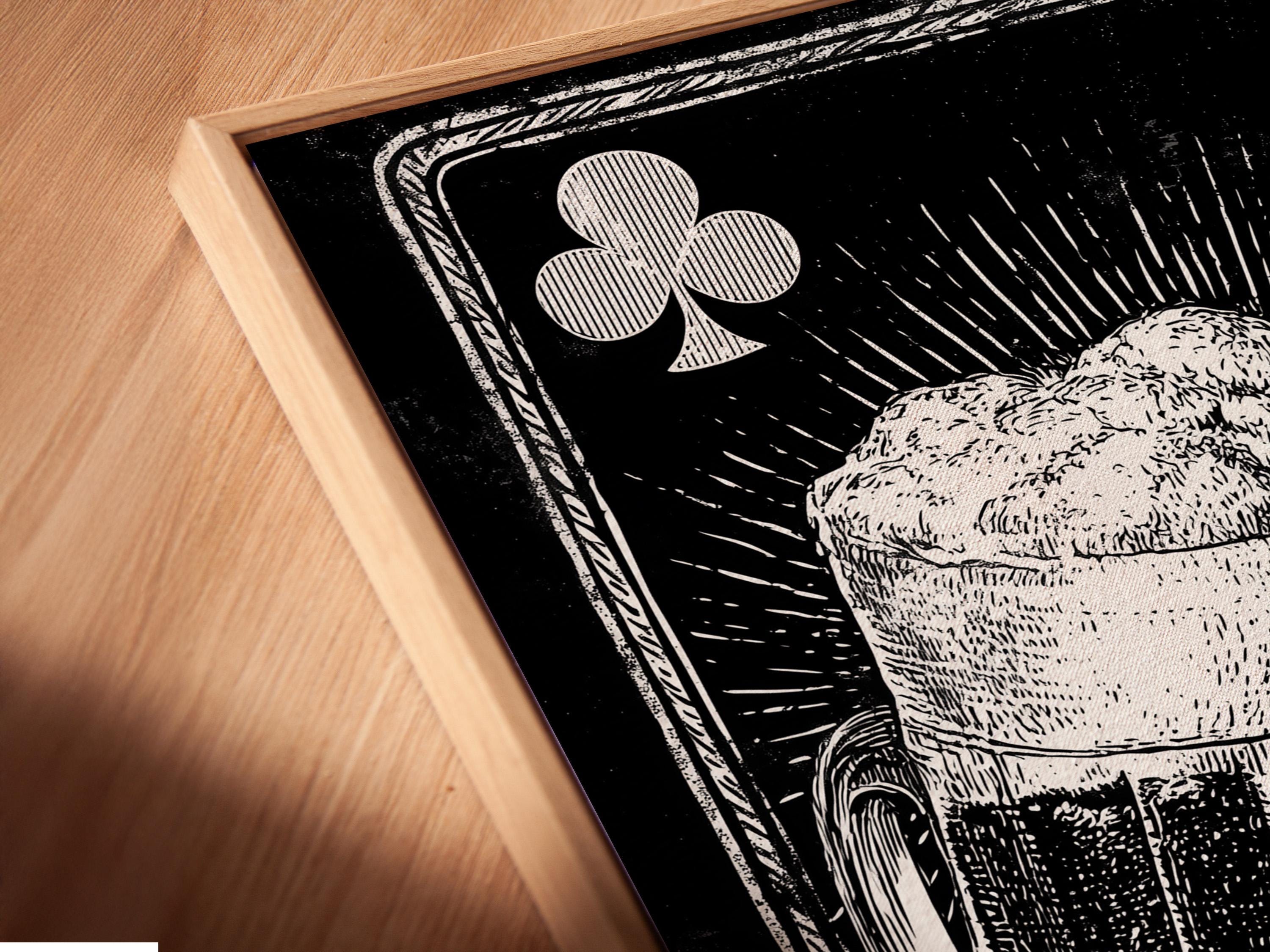 Monochrome illustration of two beer tankards with club and spade card symbols detail view
