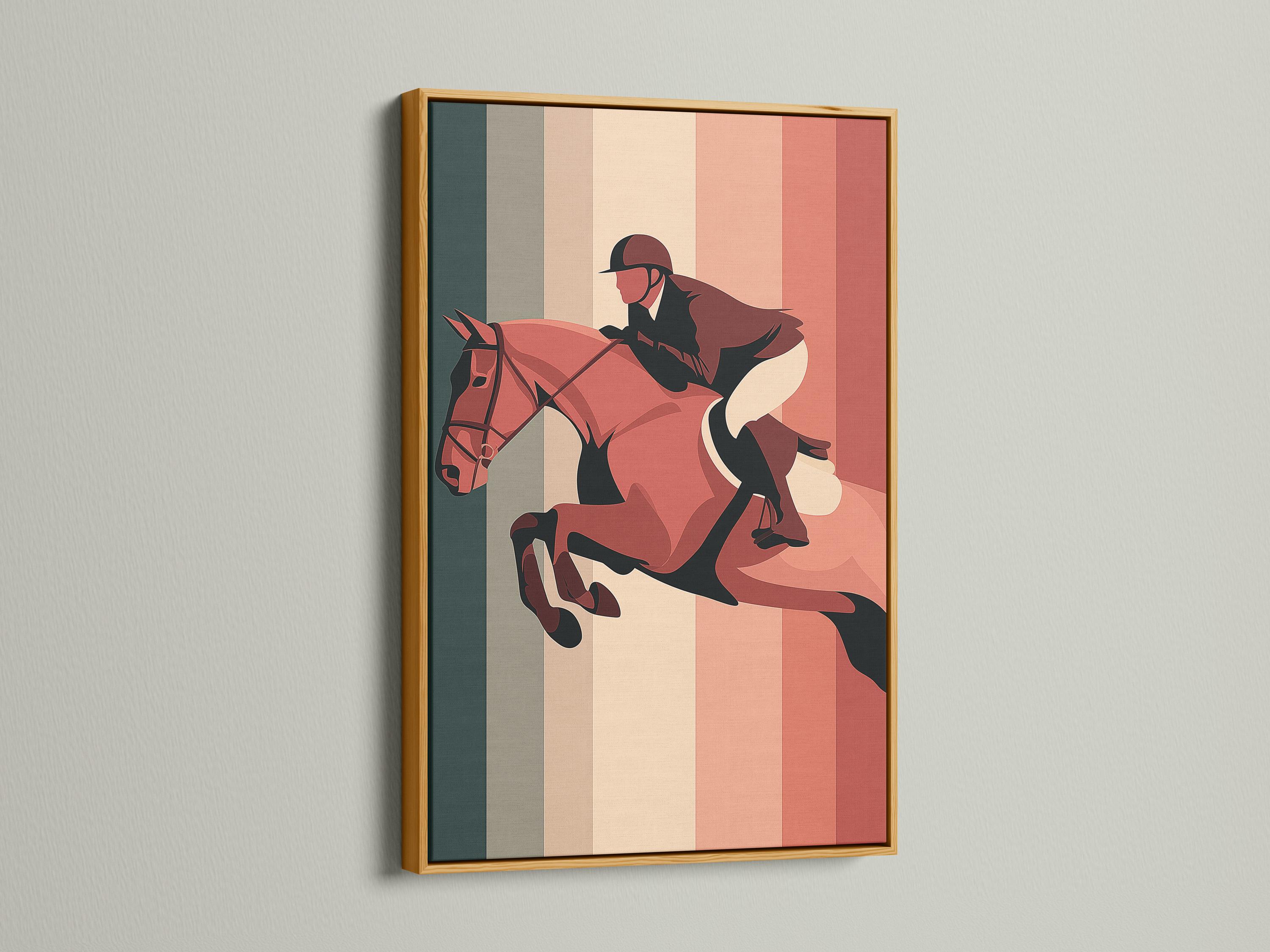 Room mockup with framed retro horse and rider artwork on striped background