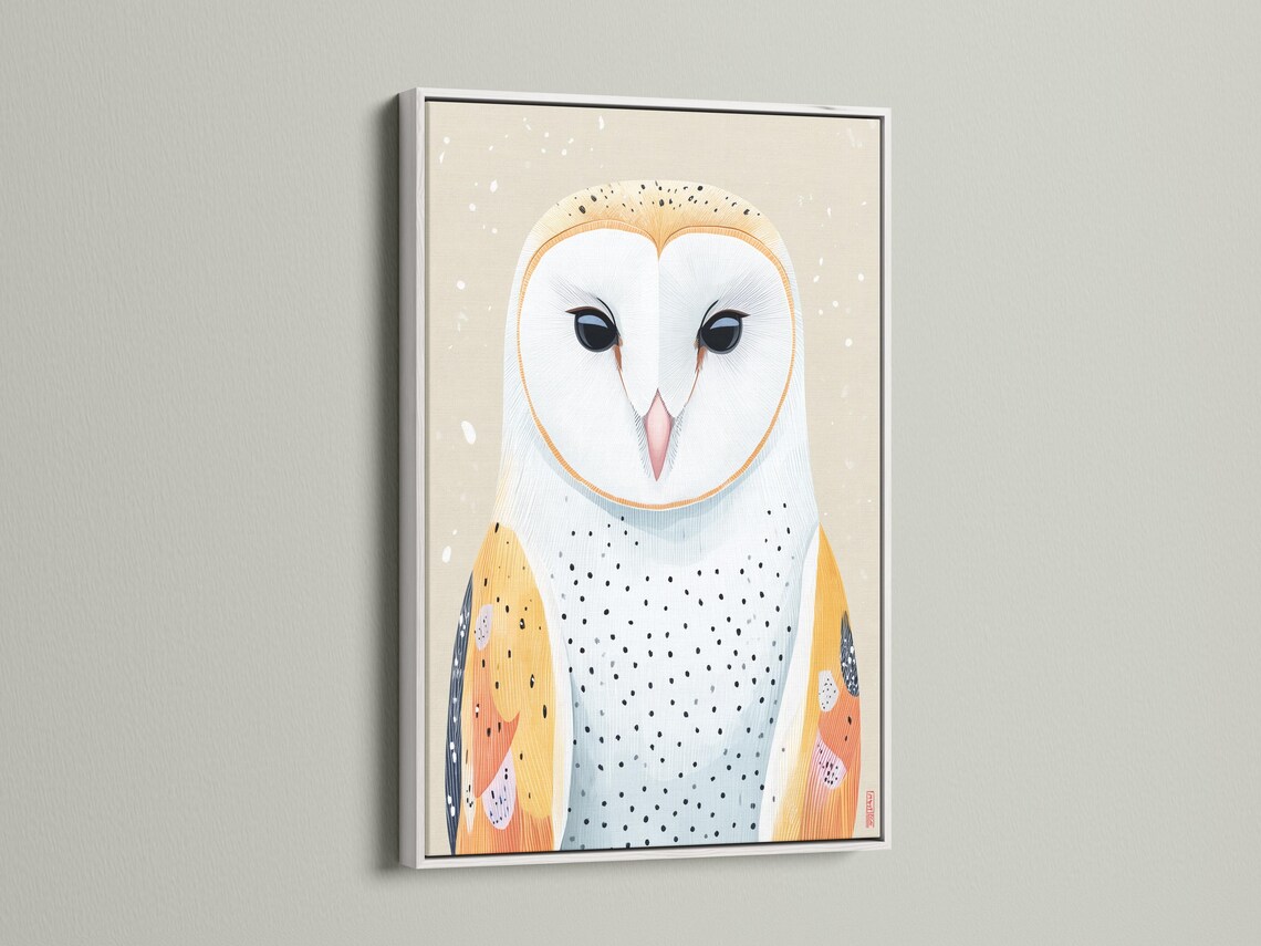 Room mockup showing a framed owl artwork with neutral beige background and orange and blue details