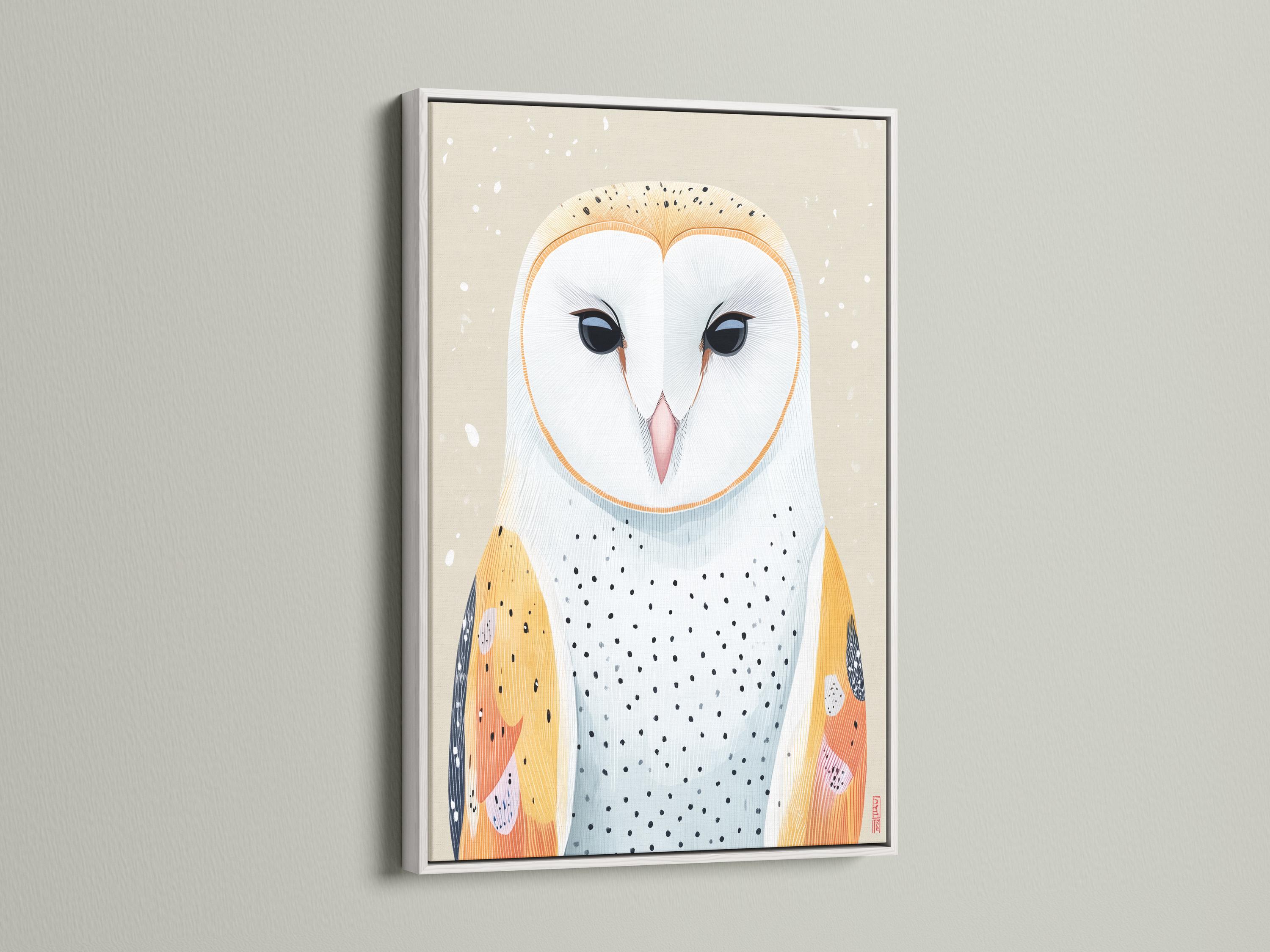 Room mockup showing a framed owl artwork with neutral beige background and orange and blue details