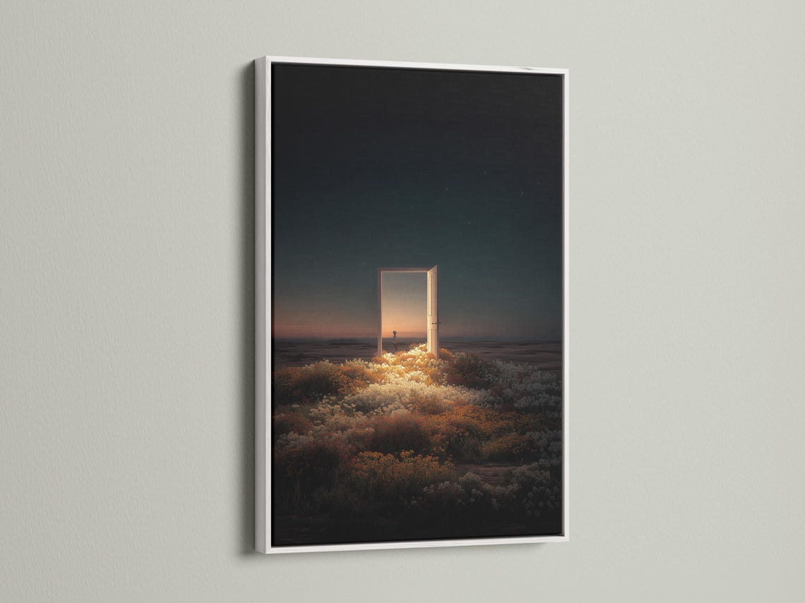 Room mockup showing a framed night seascape with a glowing doorway opening and starry sky