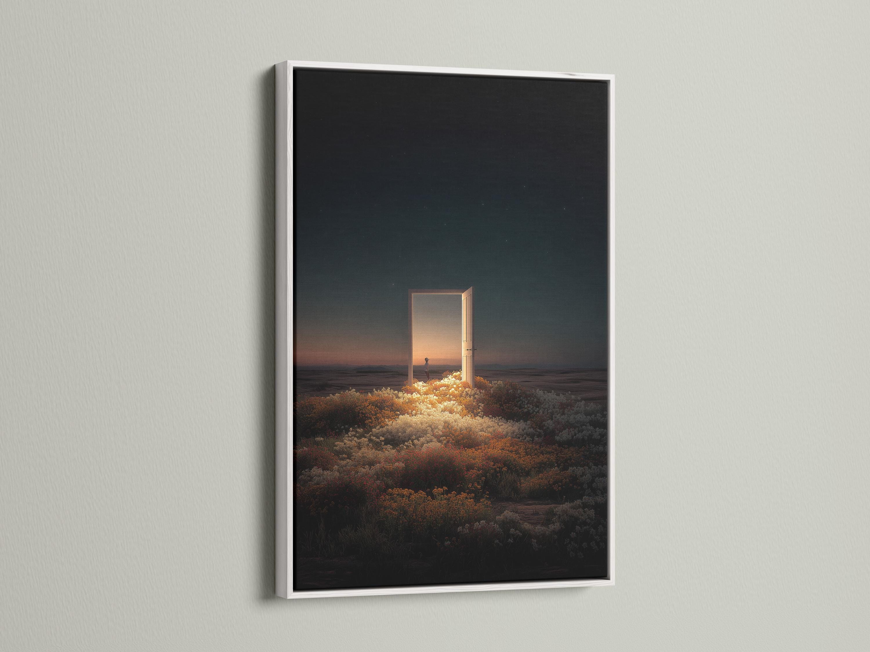 Room mockup showing a framed night seascape with a glowing doorway opening and starry sky