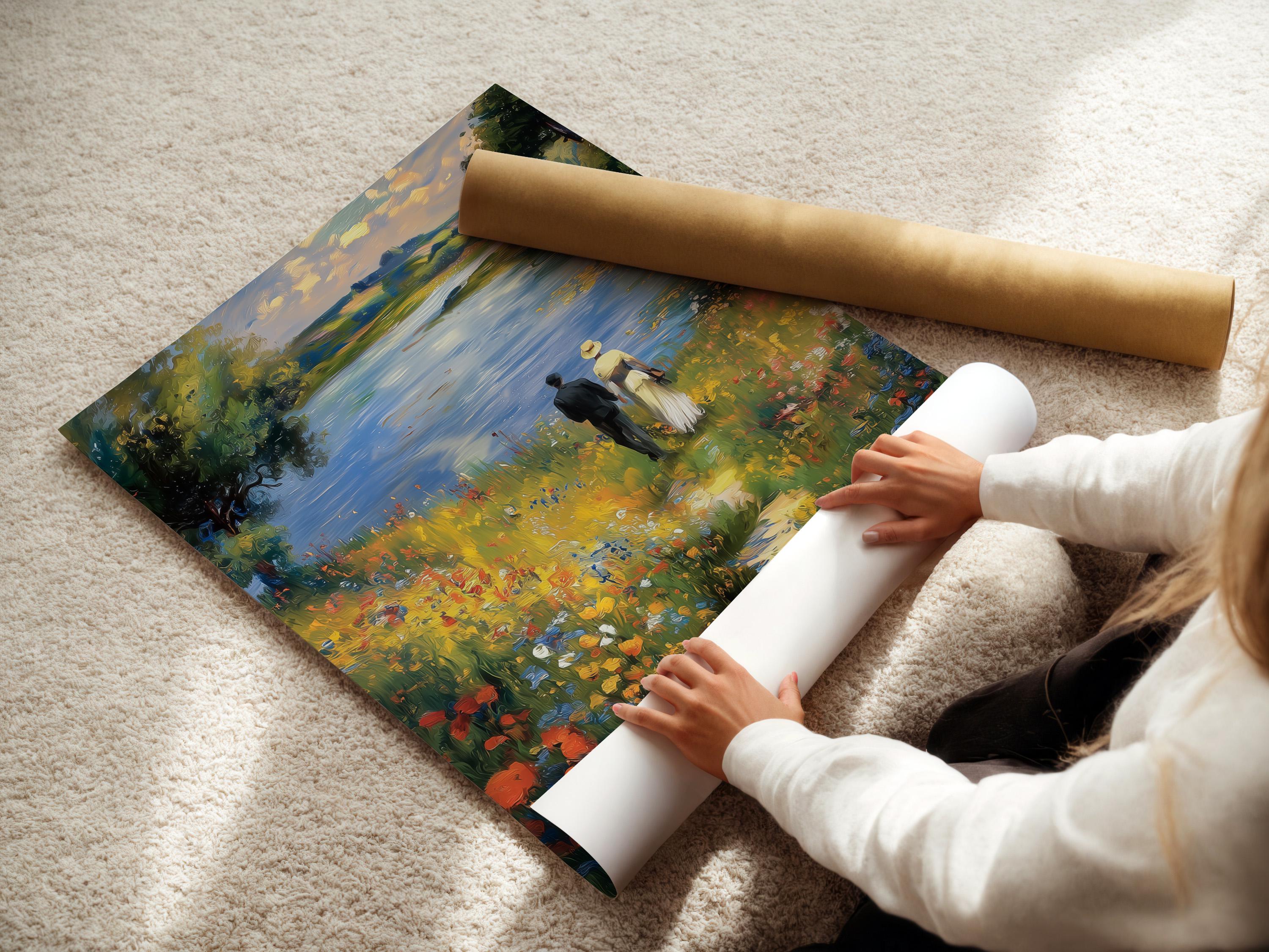 An impressionist lake scene shows a standing couple in a flower-filled meadow, with a blue sky, leafy trees, and shimmering reflections detail view