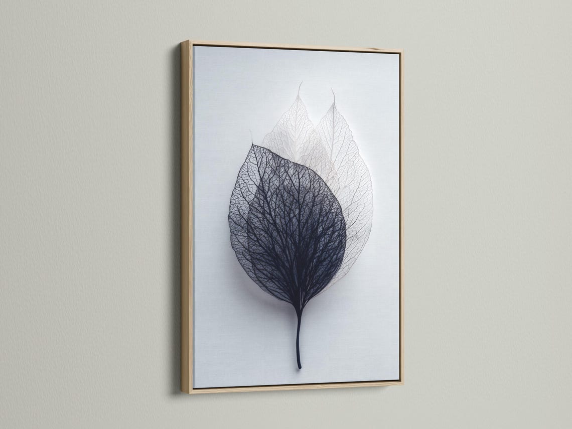 Skeletonised leaf illustration with fine vein linework in charcoal and grey on a pale blue-grey background detail view