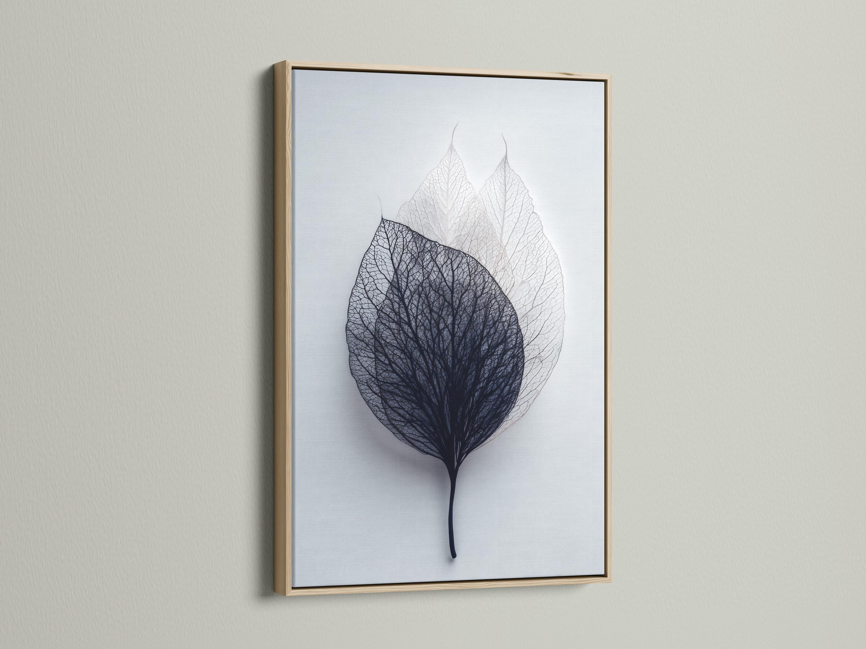 Skeletonised leaf illustration with fine vein linework in charcoal and grey on a pale blue-grey background detail view