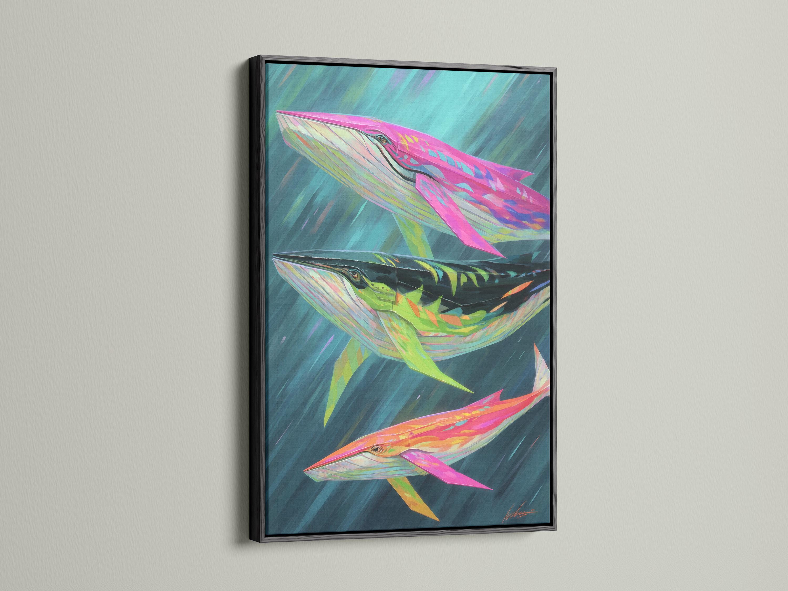Artwork mockup showing a framed whale ocean illustration on a light background with colour variants