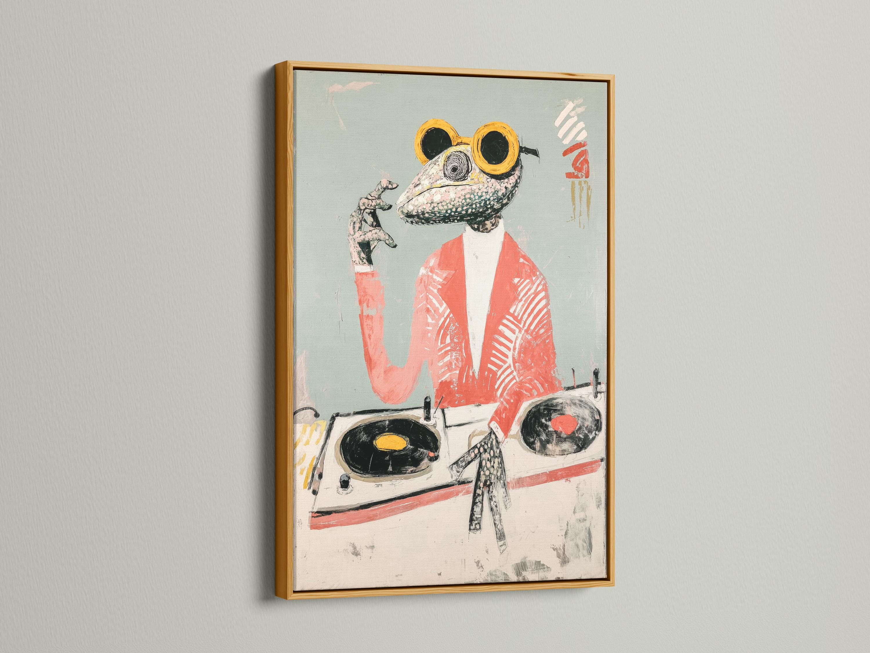 Stylised reptile DJ with goggles and headset beside a turntable on a pale teal background detail view