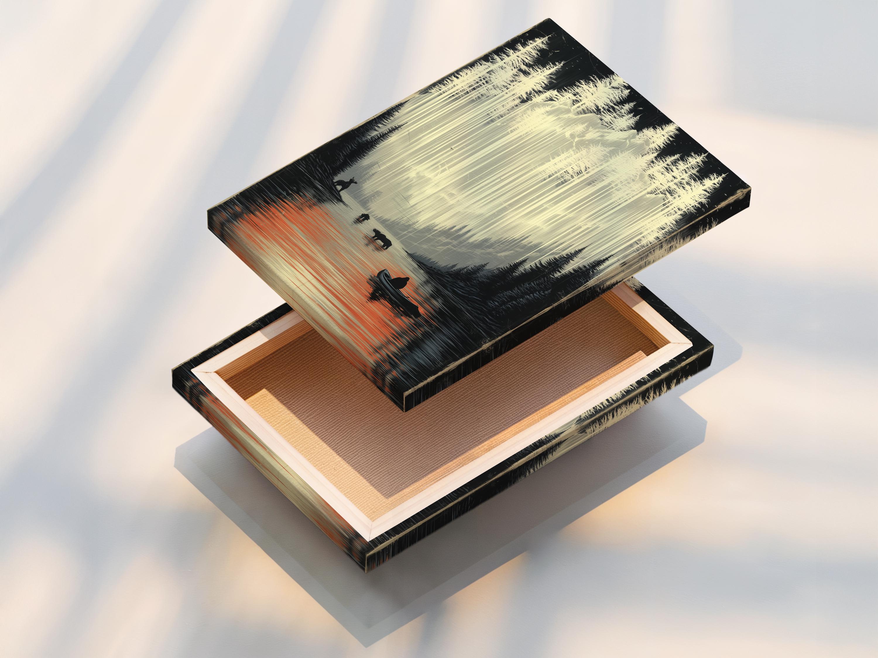 Room mockup showing a framed misty lake wildlife landscape artwork
