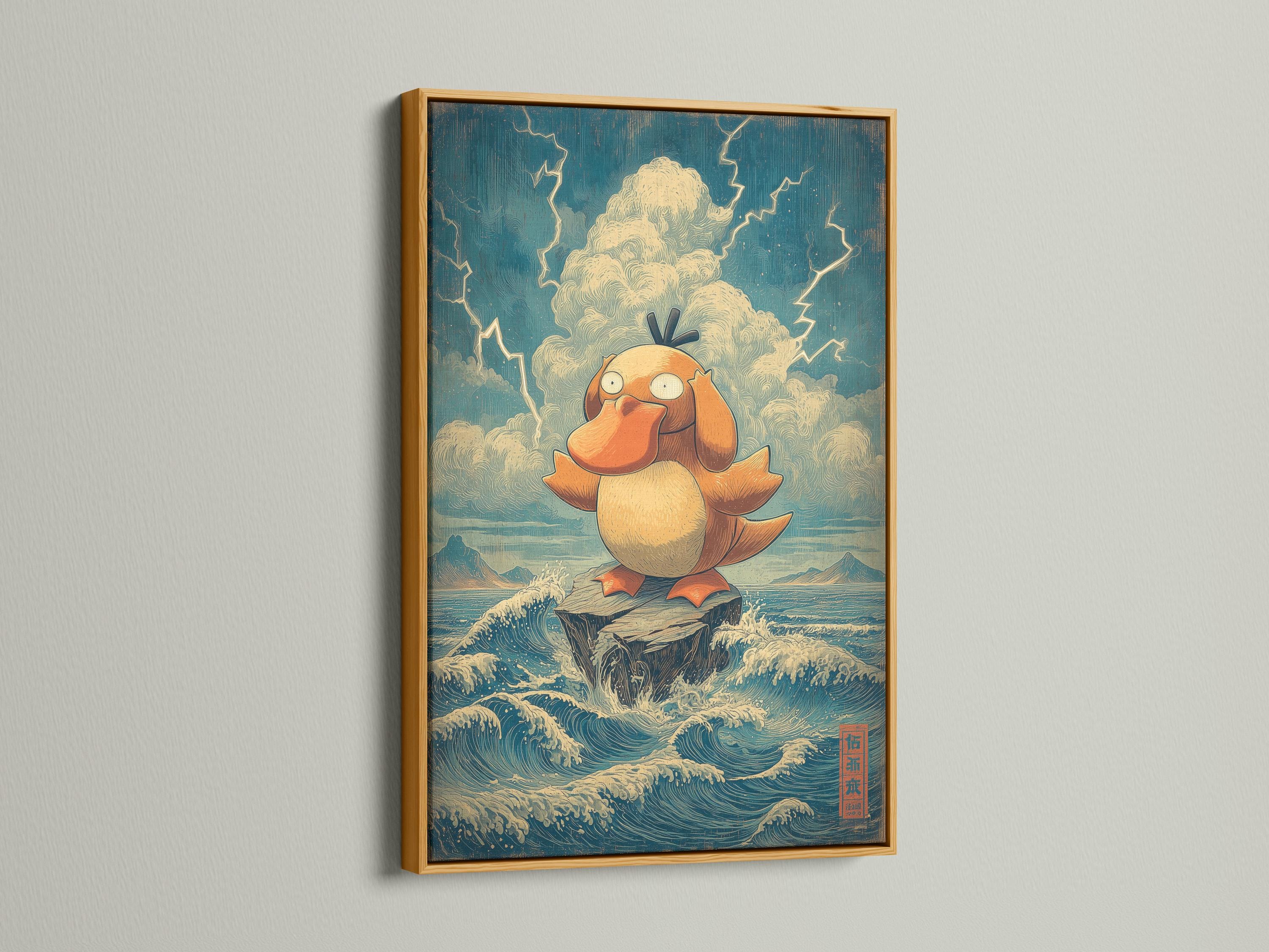 Room mockup showing a framed artwork of a duck in foamy ocean waves