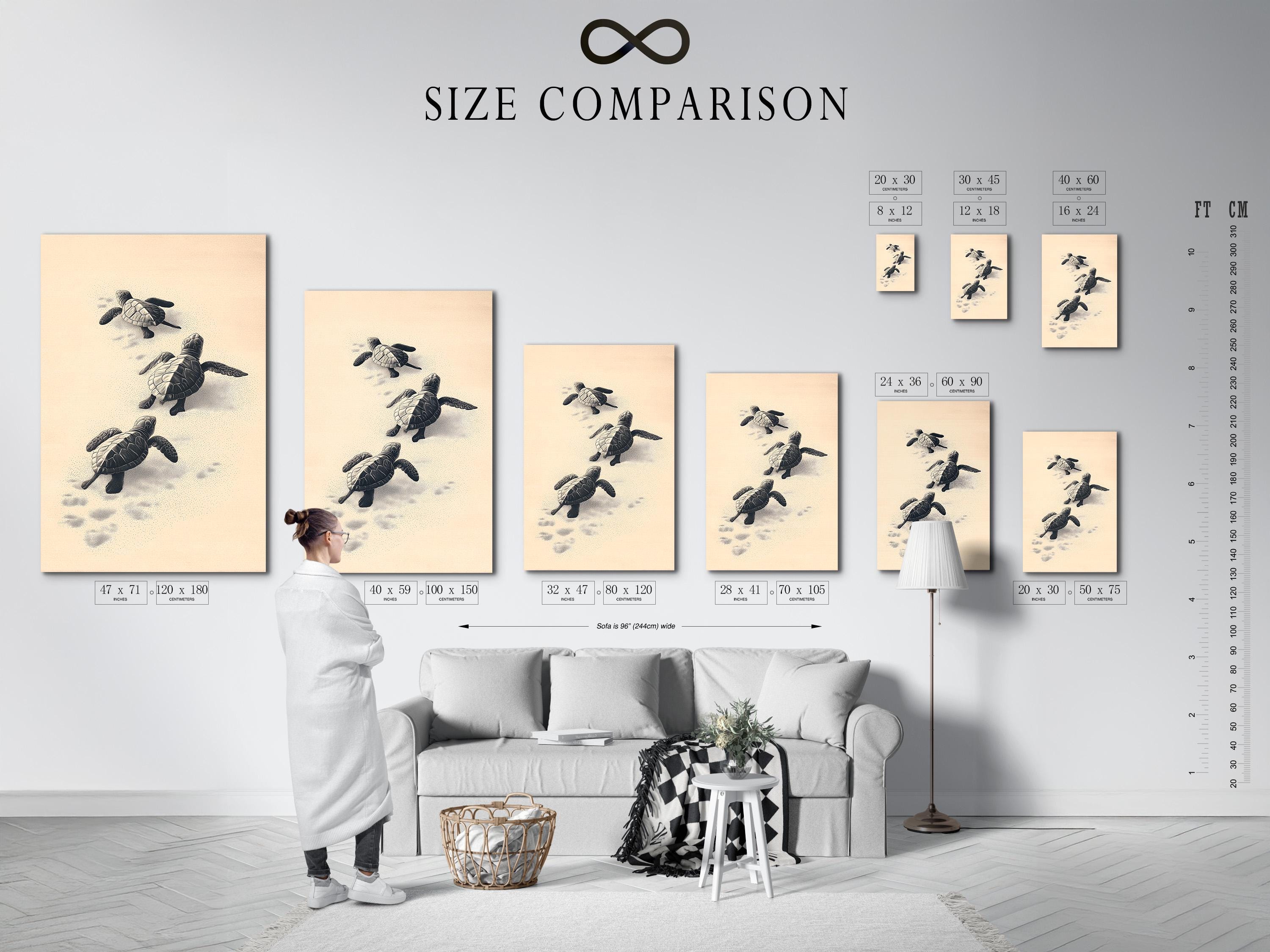 Illustrated sea turtles in charcoal tones on a warm beige background with dotted sand texture detail view