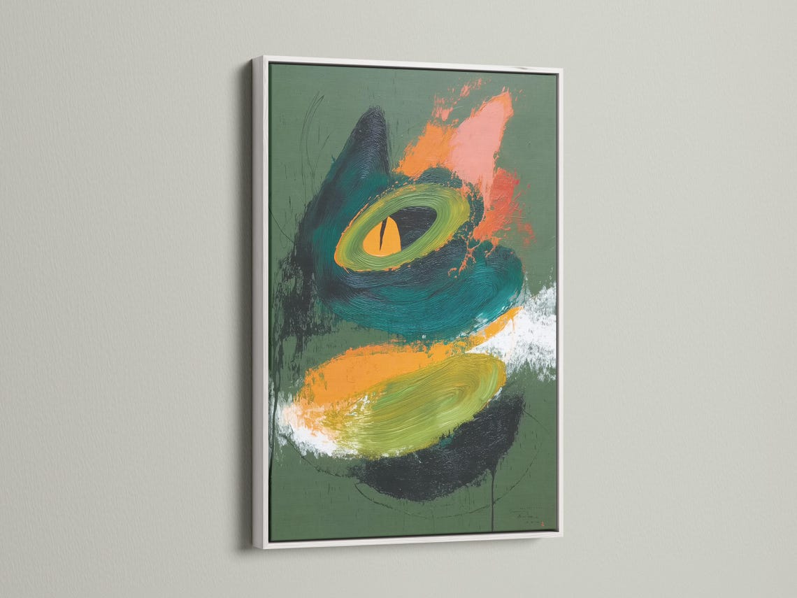 Abstract cat face artwork with green background, teal swirls and orange highlight detail view