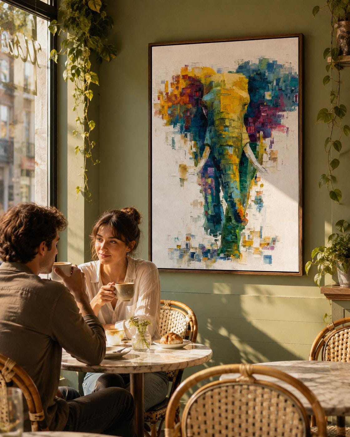 Abstract elephant artwork with layered teal, yellow and magenta colour blocks on an off-white background detail view