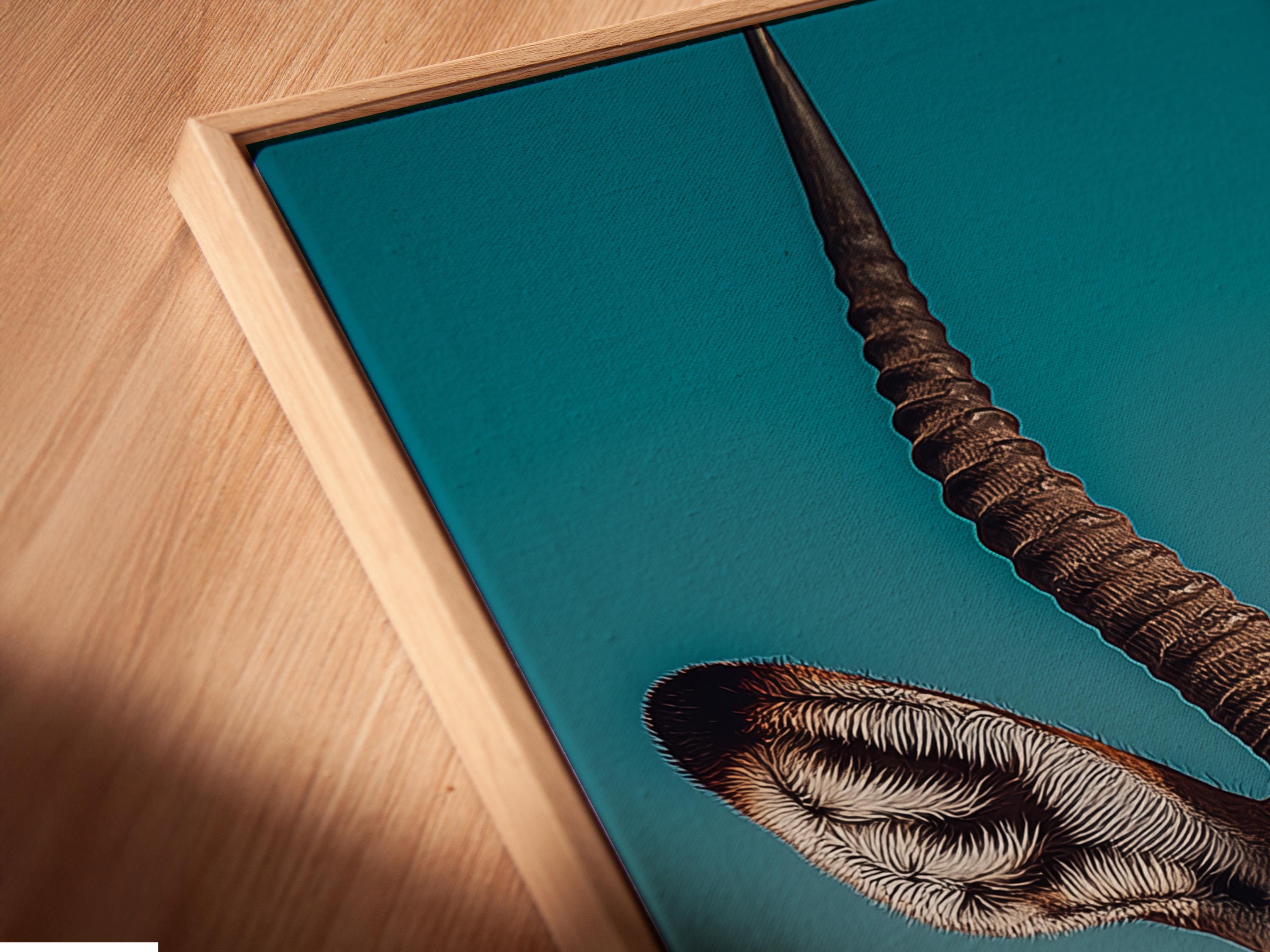 Teal gazelle artwork shown in a framed wall display mockup