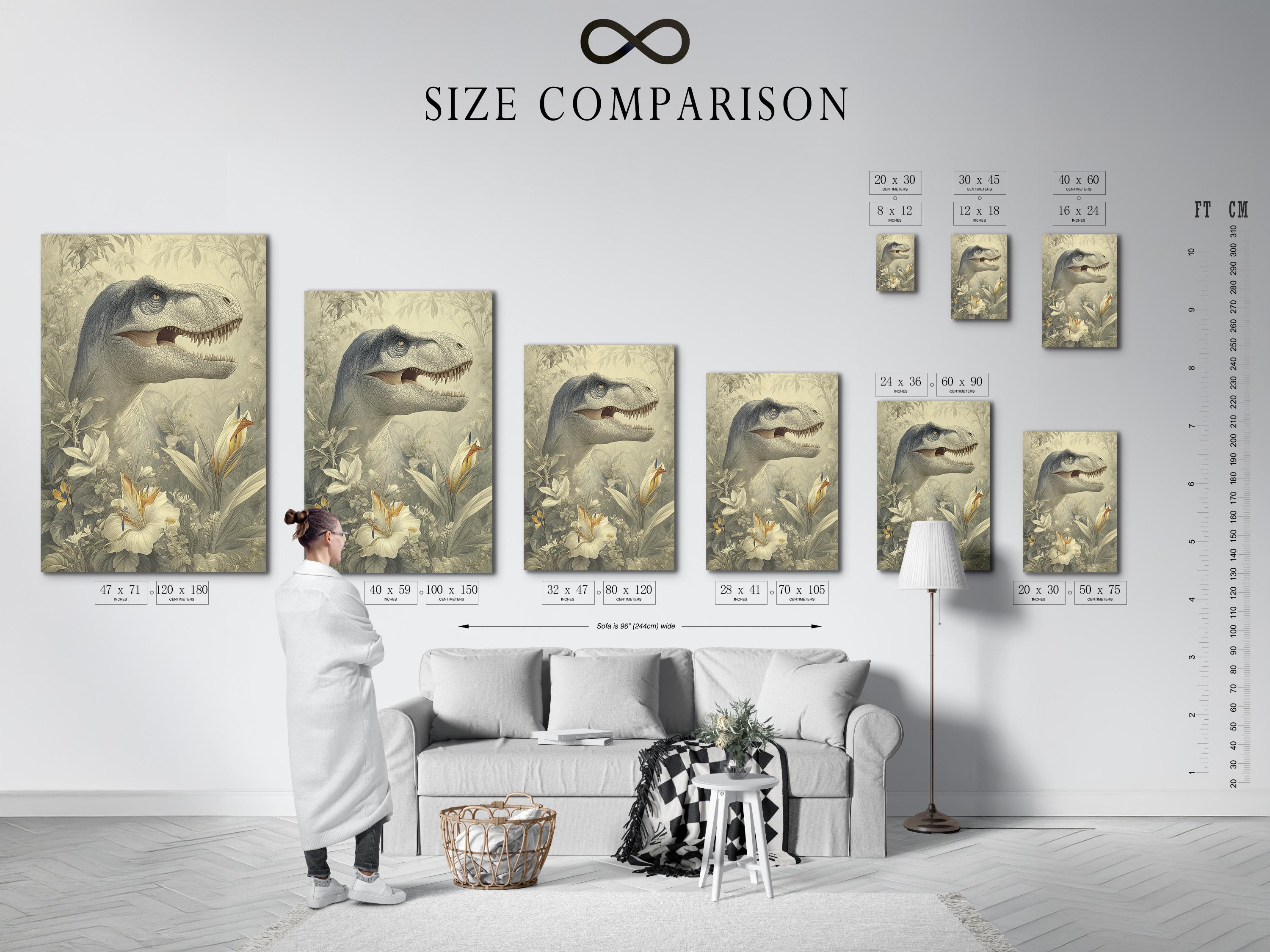 Woman standing in a room next to a framed dinosaur and botanical illustration on the wall