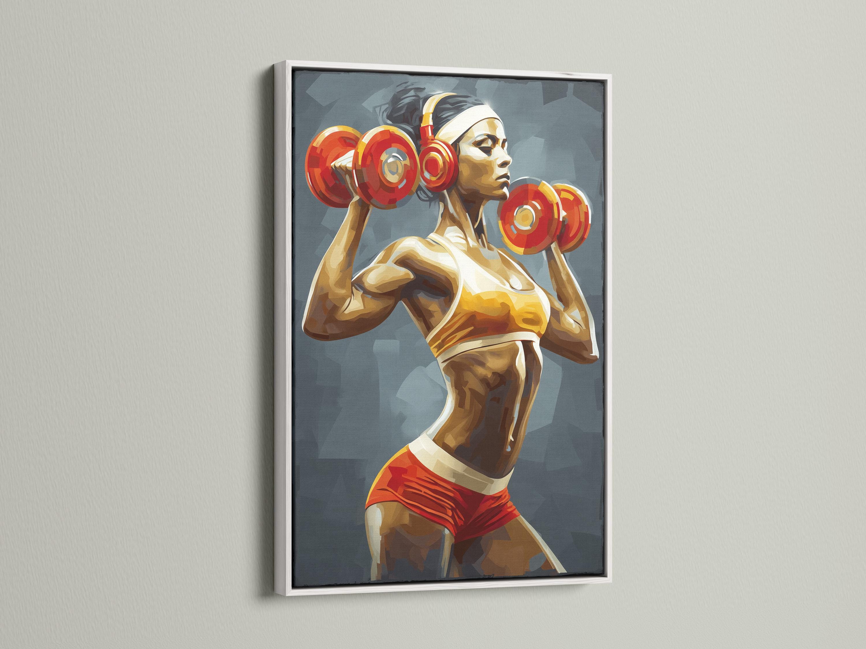 Stylised strong woman weightlifting artwork holding two red dumbbells against a blue background detail view