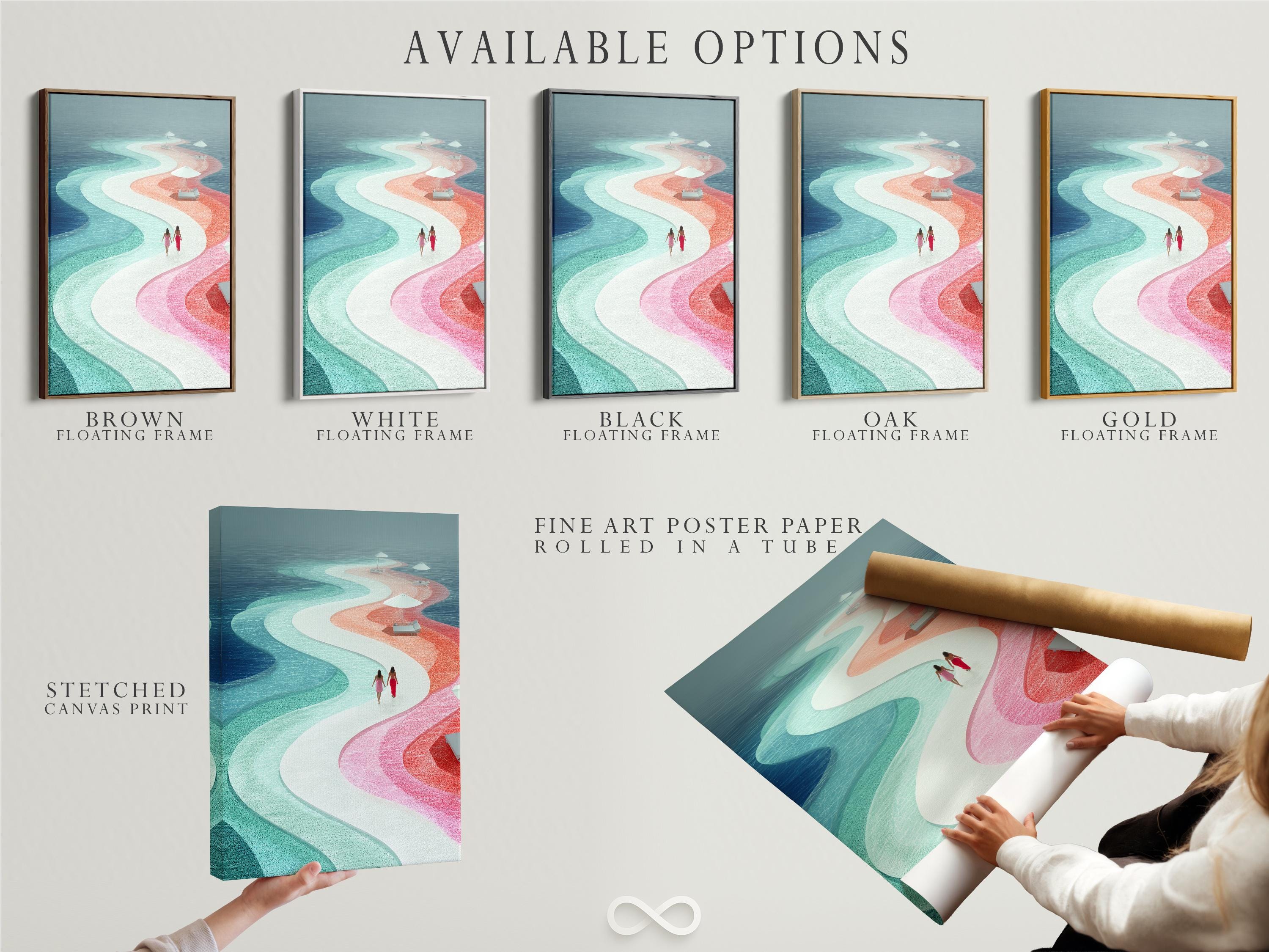 Teal and coral abstract coastal scene with ocean waves, pier, and two people walking detail view
