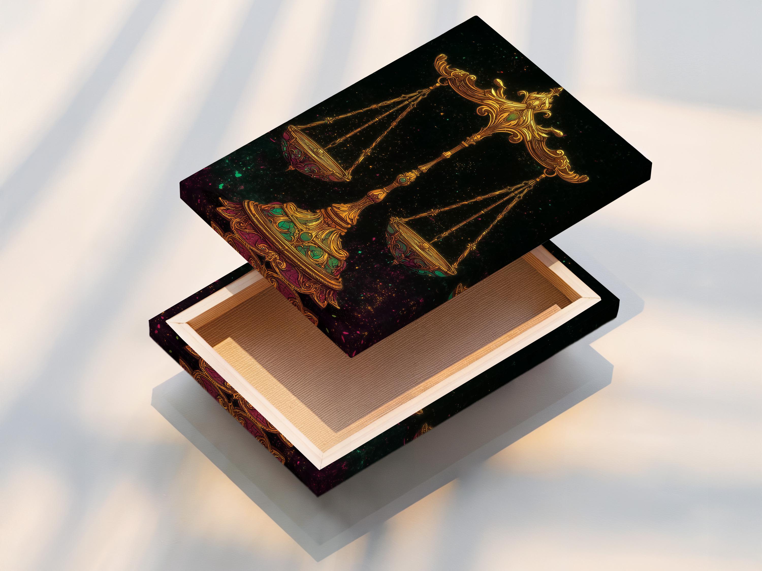 Ornate gold balance scales with emerald-green accents on a dark starry background detail view