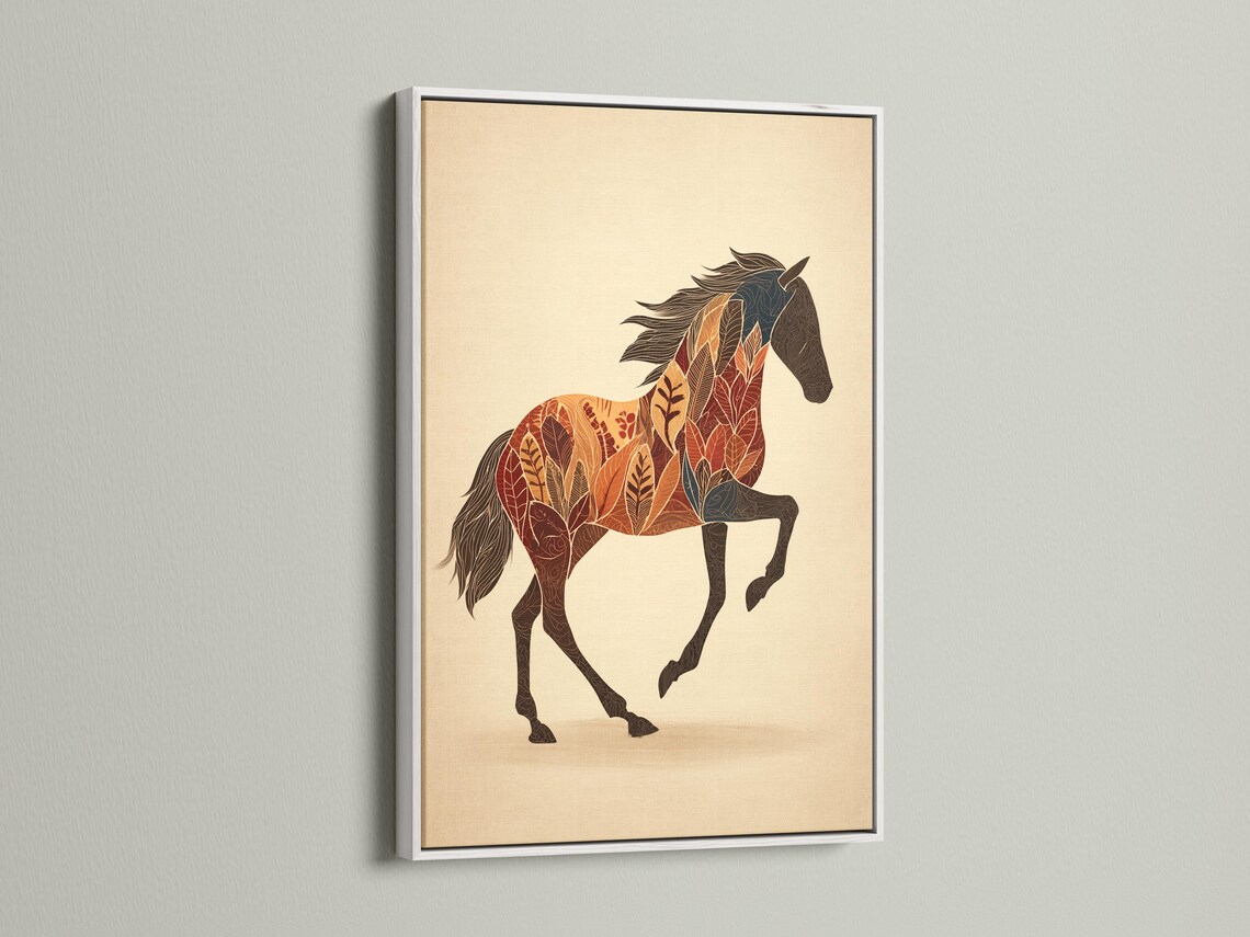 Mockup of a framed horse artwork with botanical leaf pattern on a pale beige background