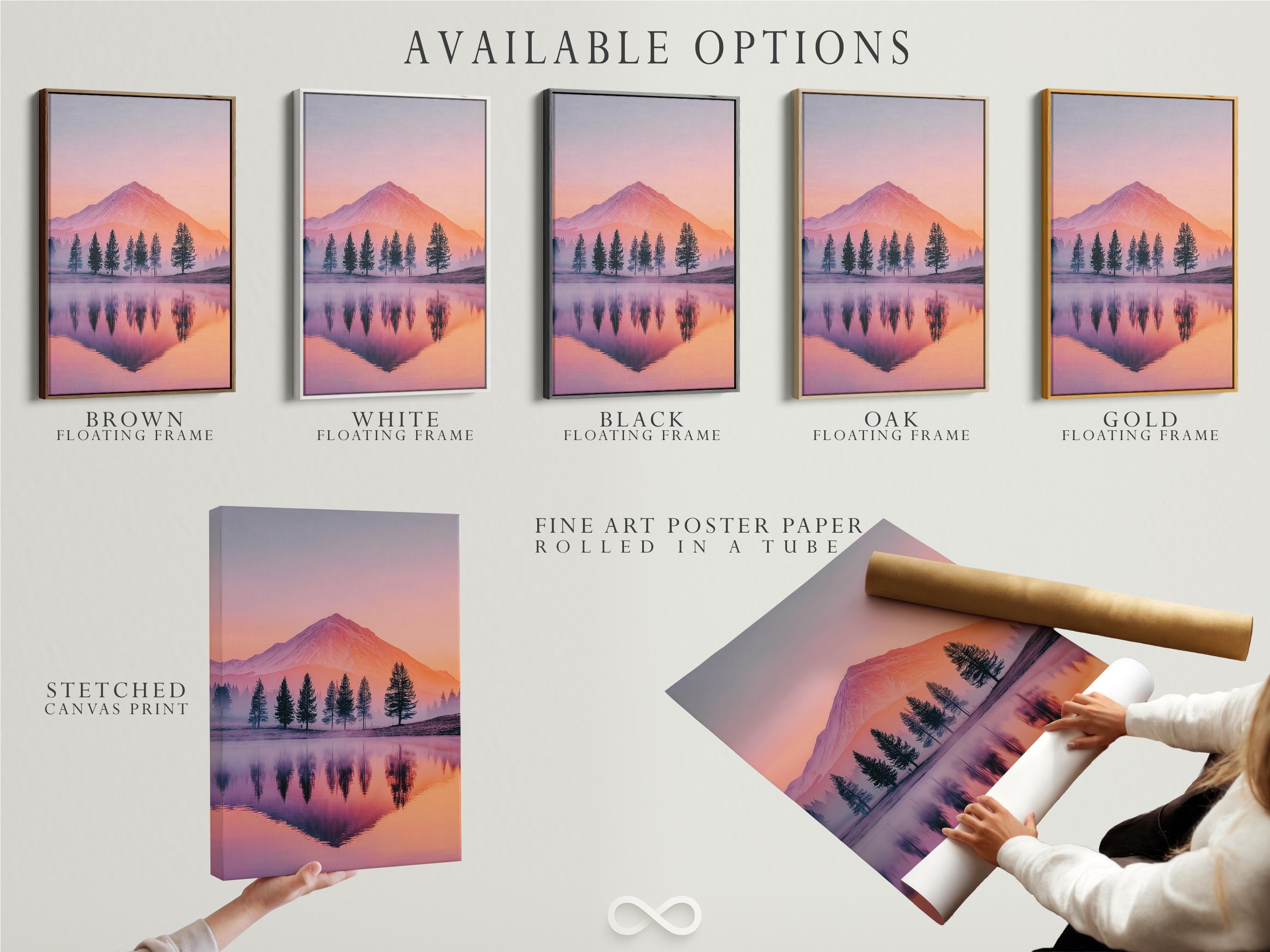 A pastel mountain landscape at sunset shows a pink-orange sky, a prominent mountain, silhouetted evergreen trees, and a calm mirrored lake reflection