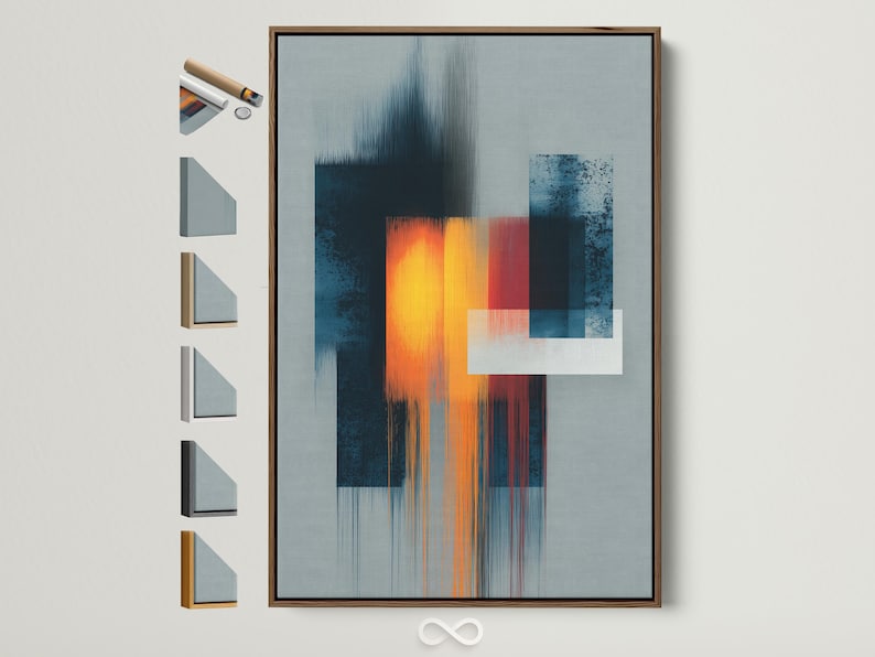 Geometric abstract artwork with teal and grey blocks and a glowing orange-yellow square