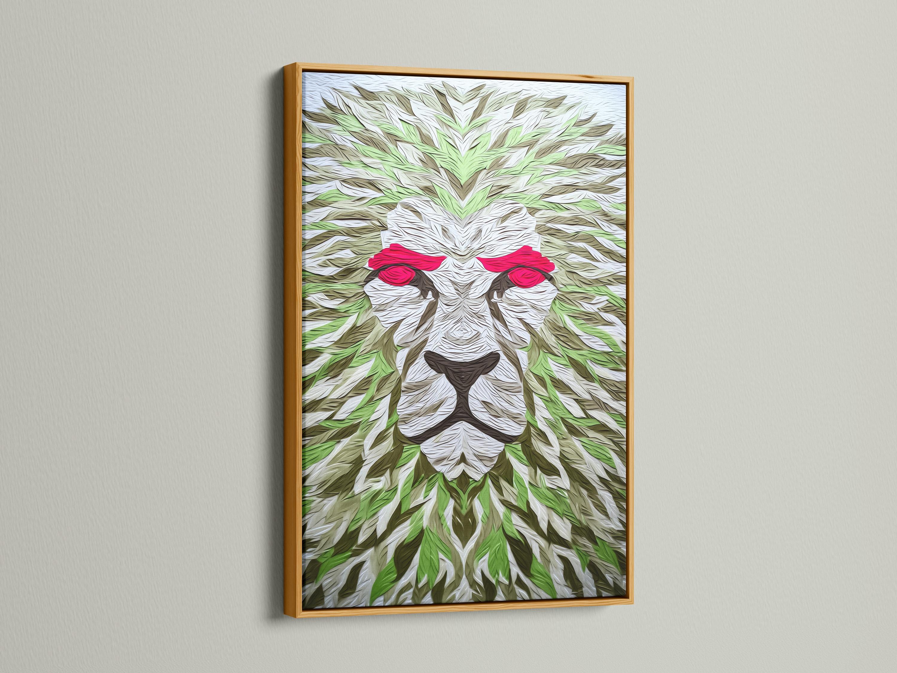 Room mockup showing a large lion artwork with green leaf pattern and red eyes above a bed