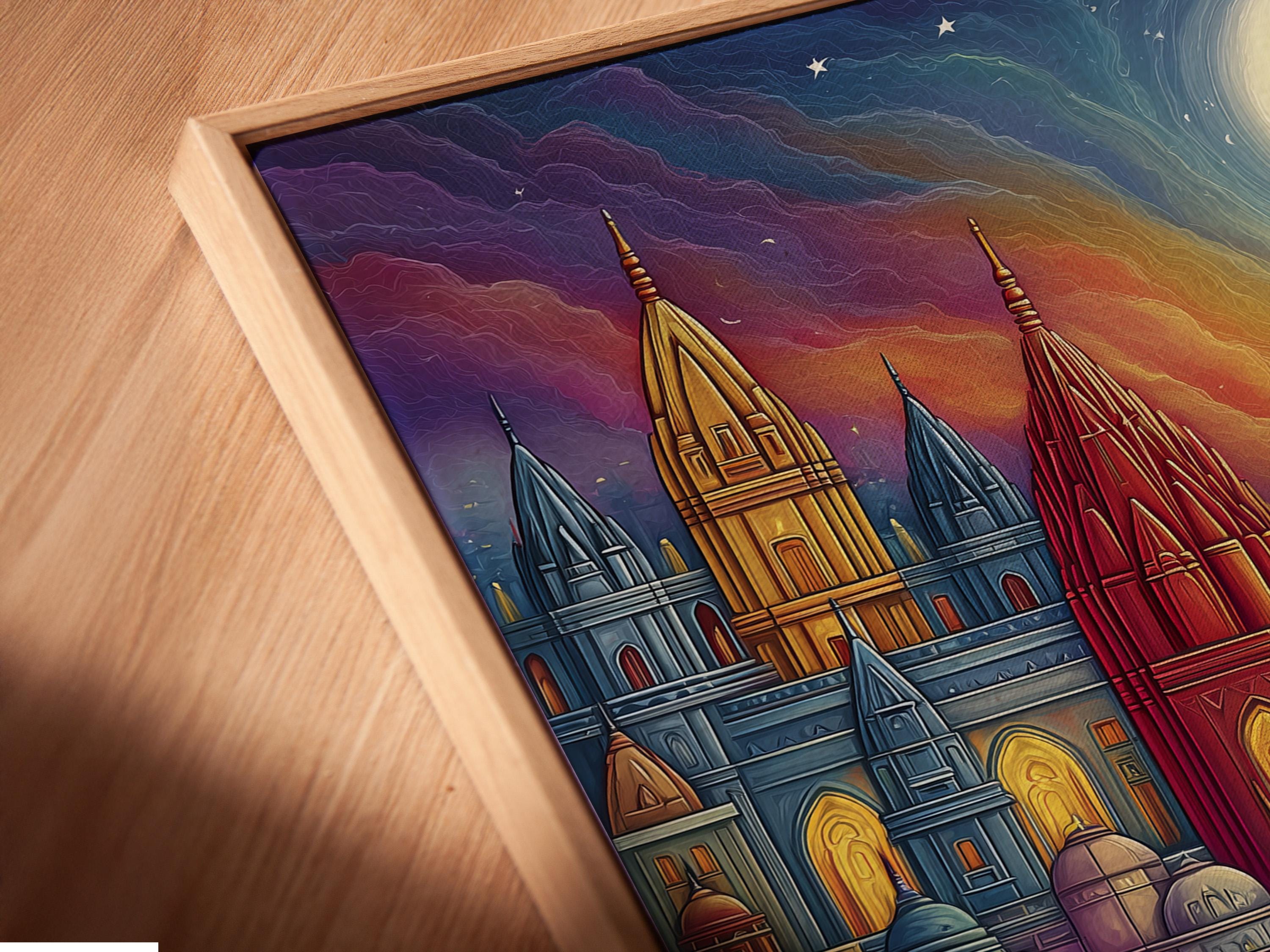 Moonlit colourful city skyline with domed buildings and boats on reflective water detail view