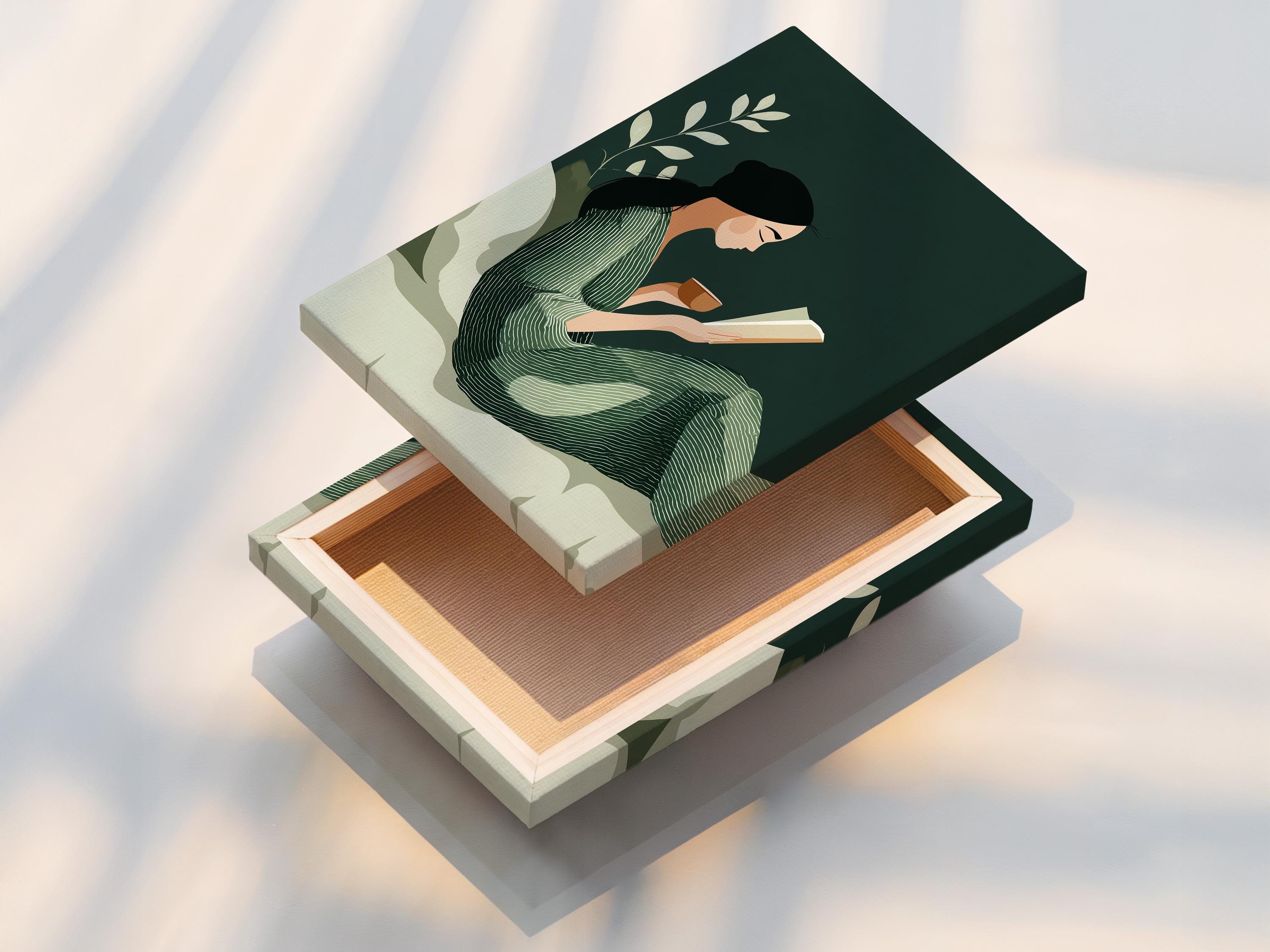 Room mockup showing a framed sage green botanical reading illustration on a wall
