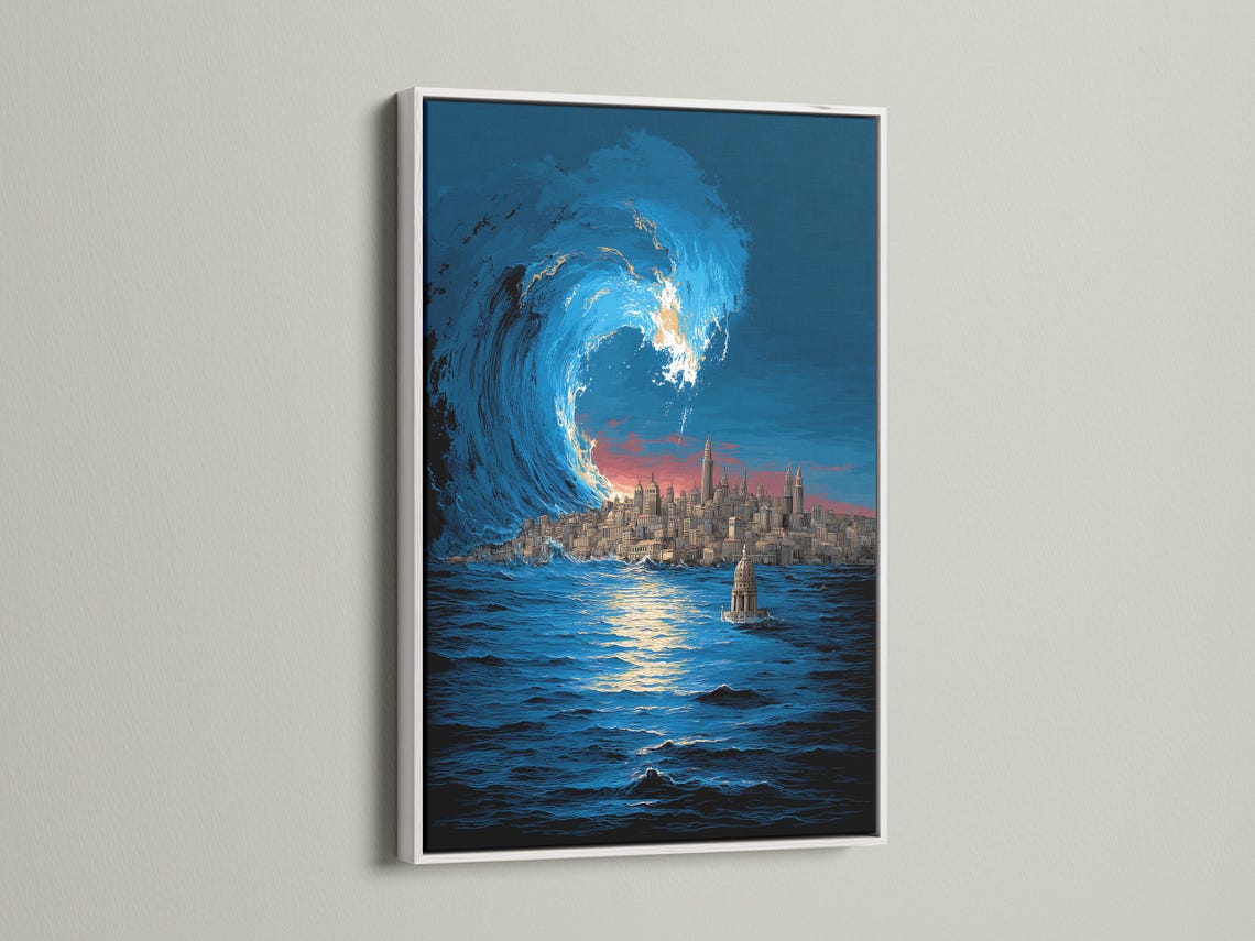 Coastal cityscape artwork in a framed wall mockup showing a large blue wave and skyline