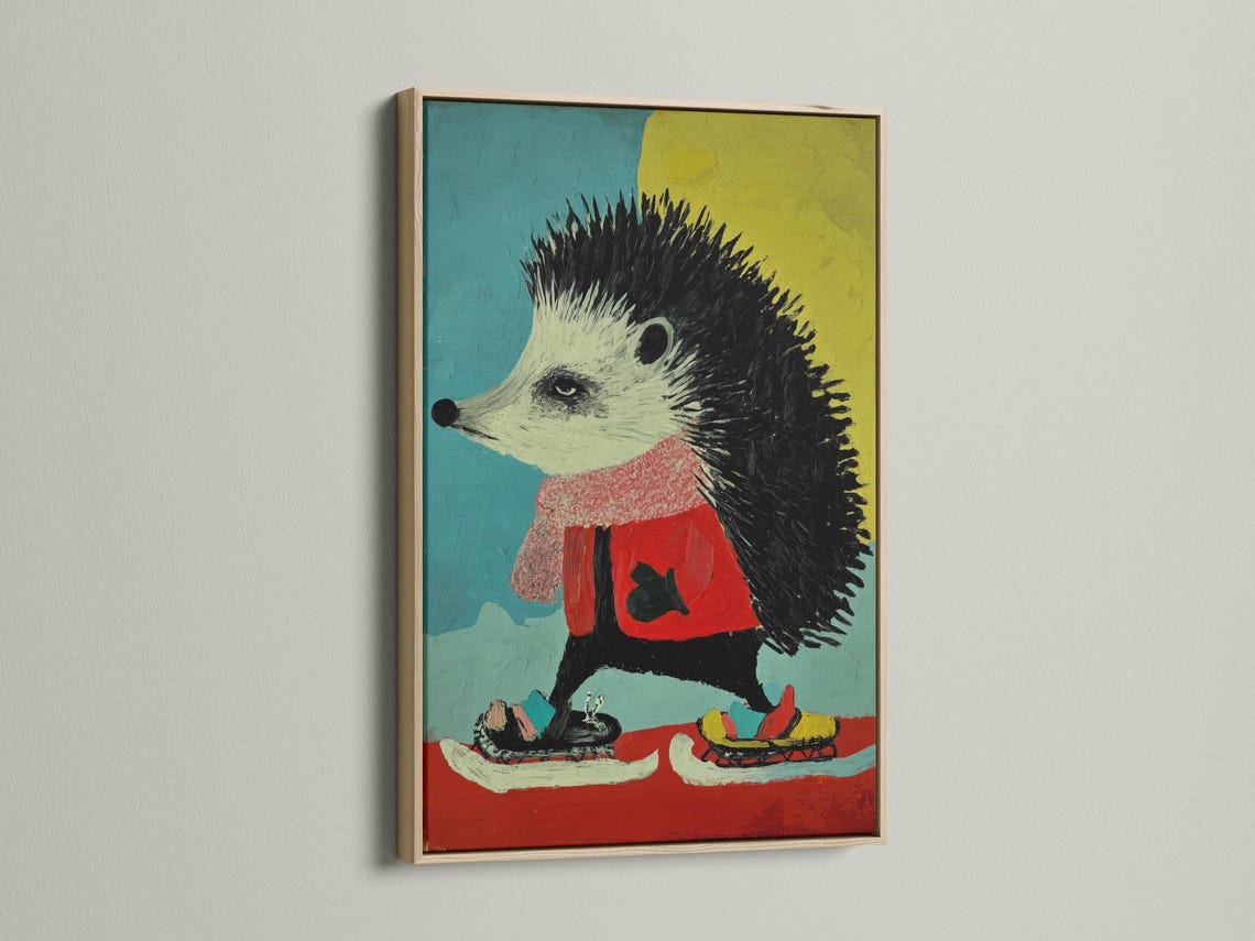 Cartoon hedgehog with a red jacket on a teal, yellow and red graphic background detail view