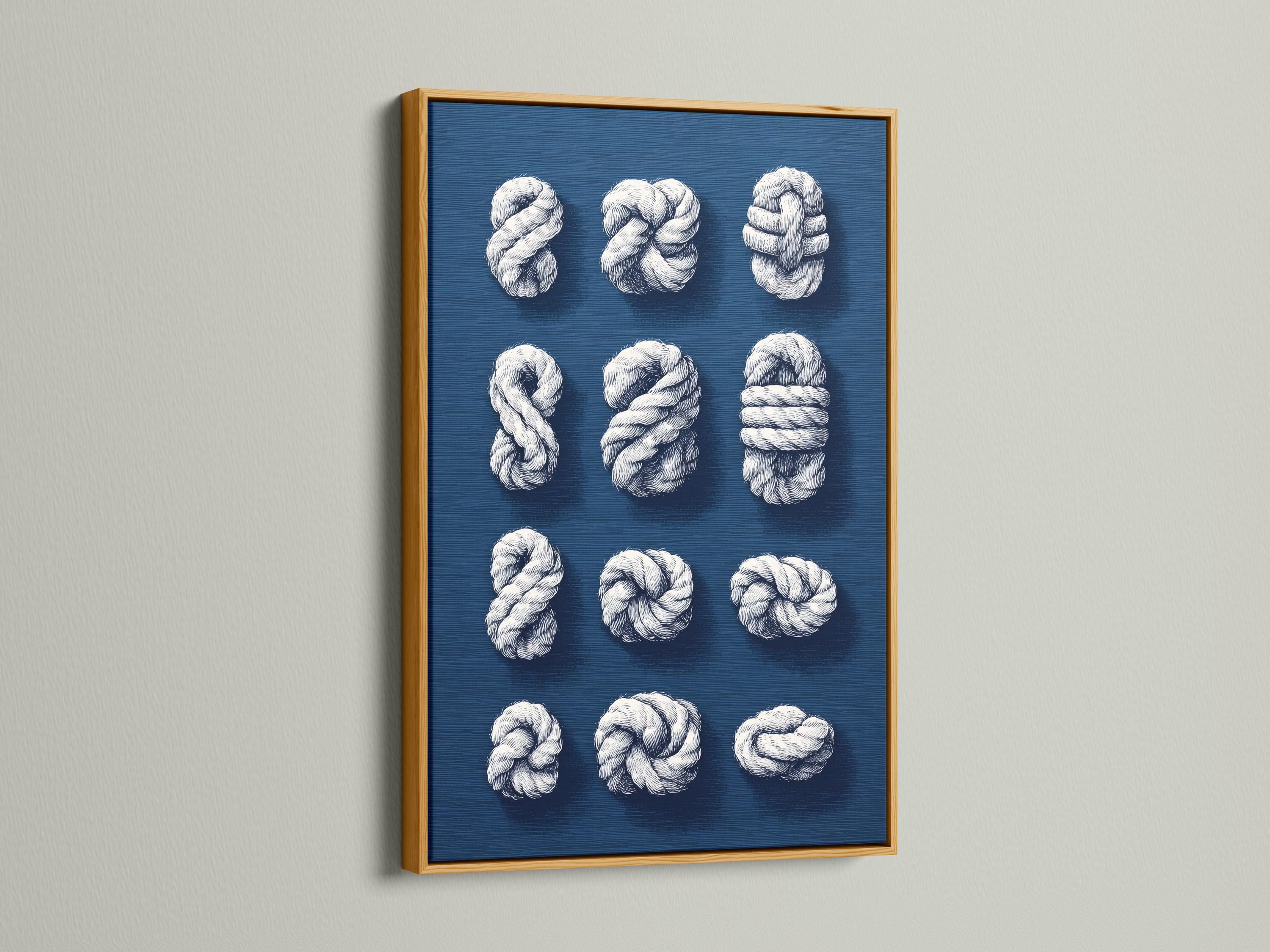 Nine white rope knots arranged on a navy blue background detail view