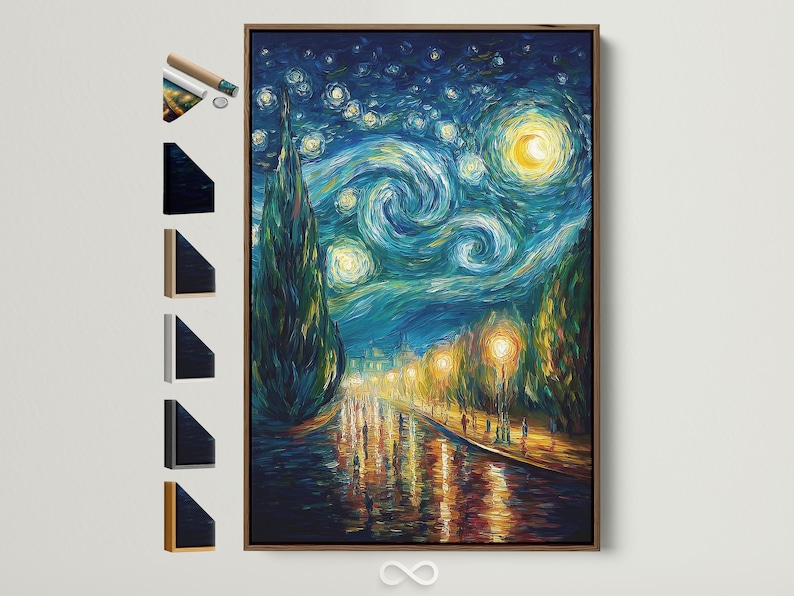 Blue and gold starry night painting with glowing moon and reflected street lights in water