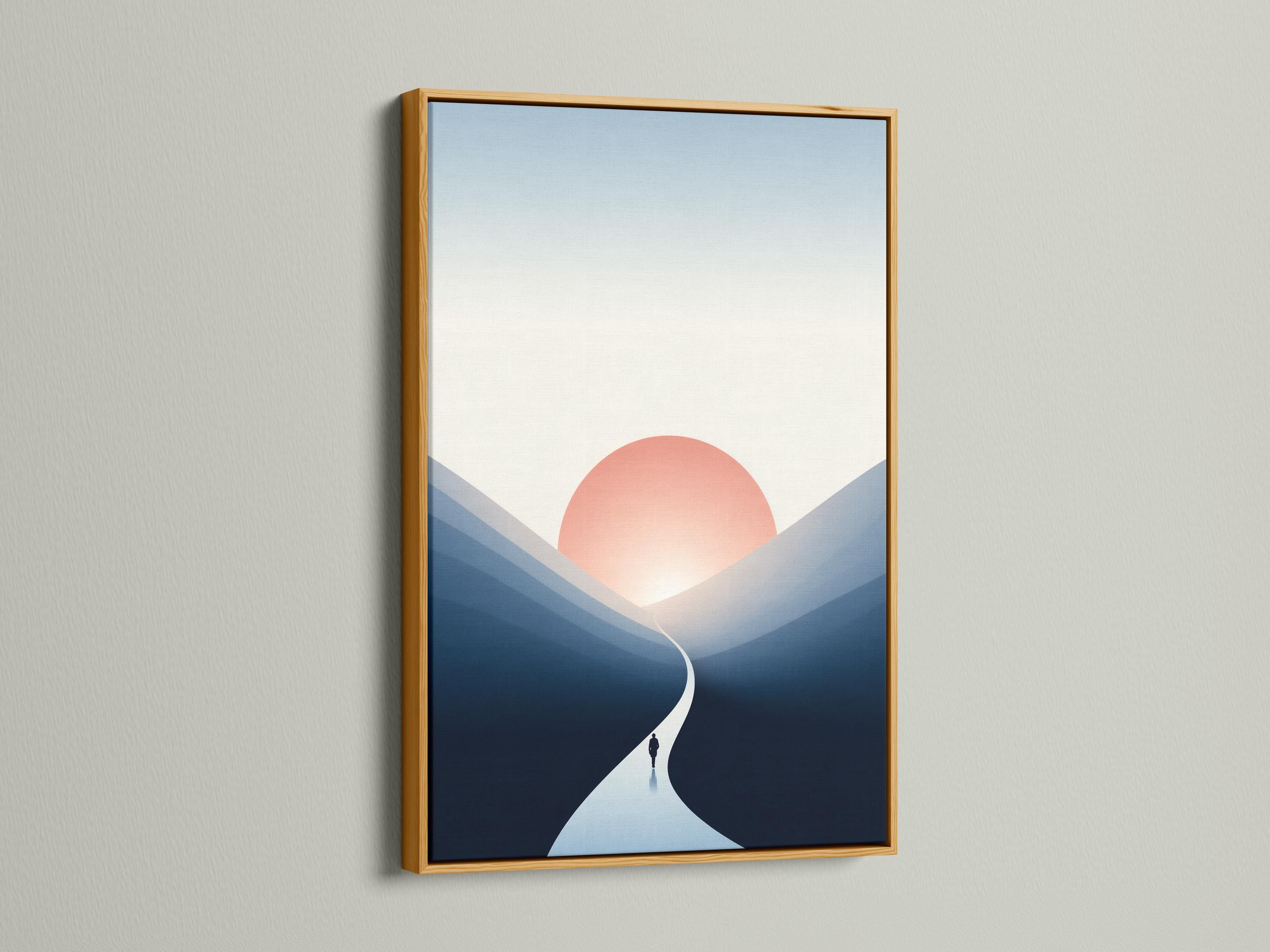 Minimalist mountain landscape with a peach sun, layered blue slopes, and a winding white path detail view
