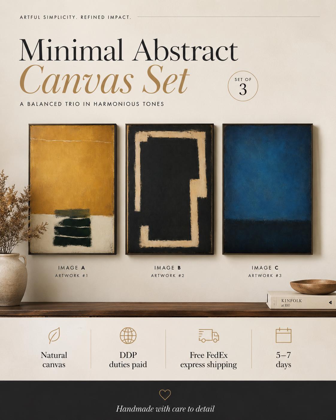 Three-panel abstract colour field triptych with deep blue, mustard ochre and near-black textures detail view