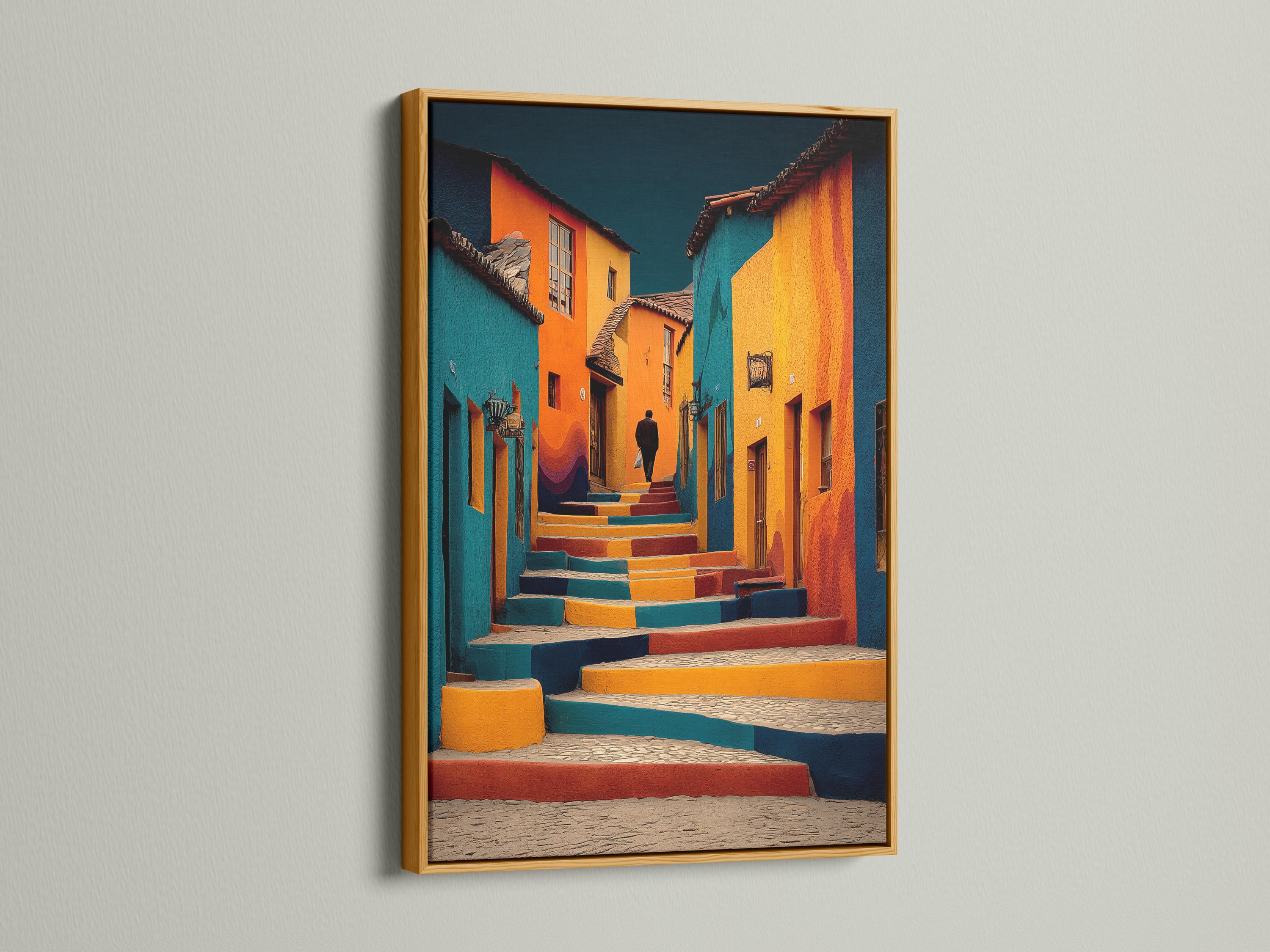Colourful street steps artwork with teal, orange and deep blue buildings and a lone silhouette detail view
