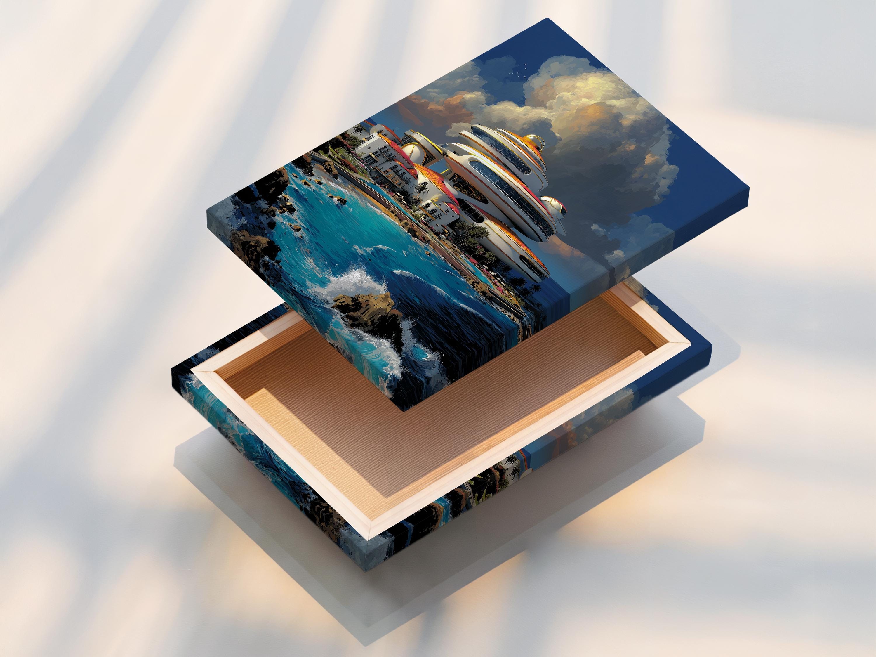 Futuristic cruise ship and coastal buildings above turquoise ocean waves with layered clouds detail view