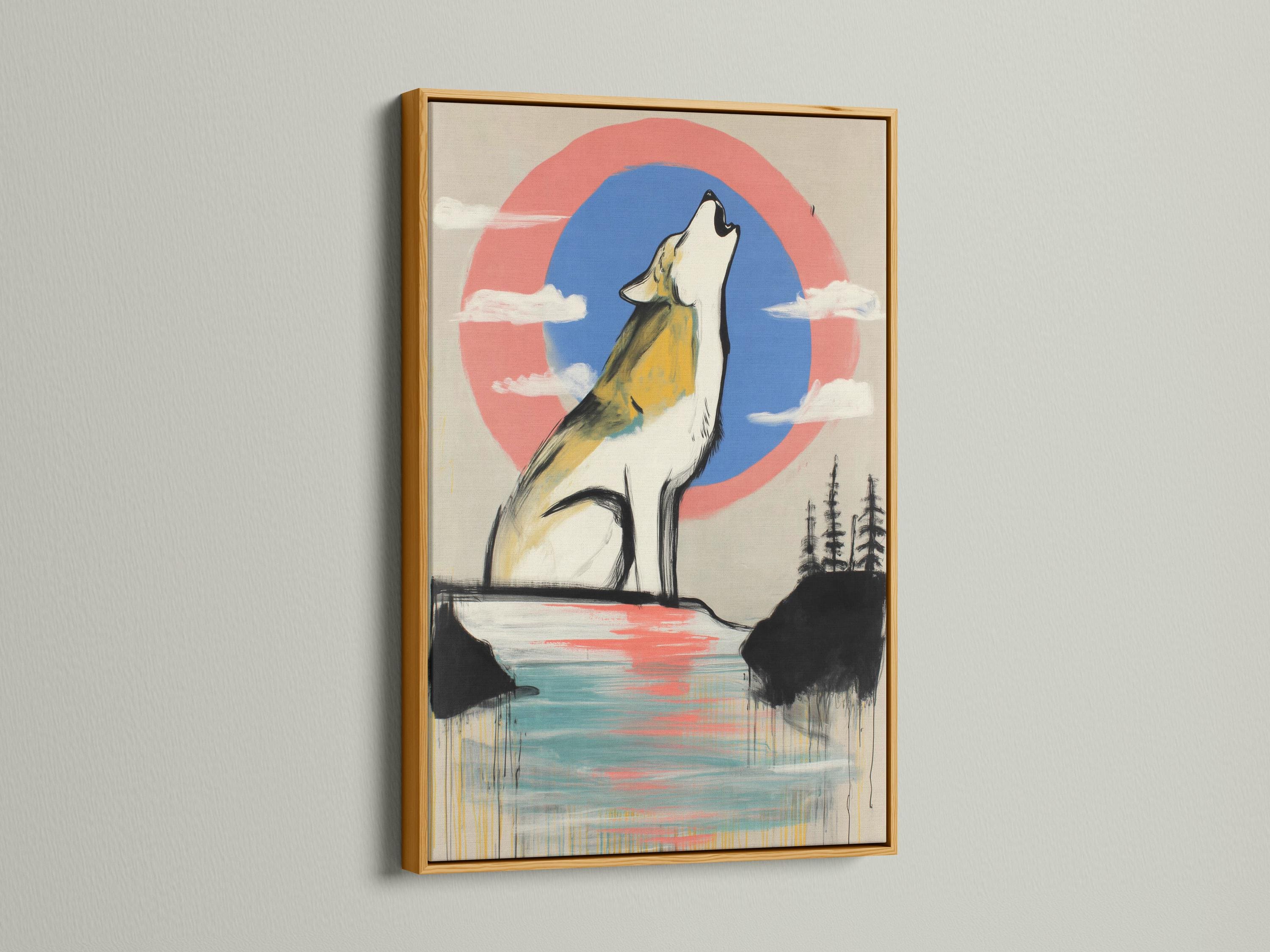 Stylised howling wolf in white and yellow with coral and blue sky circle and reflective lake detail view